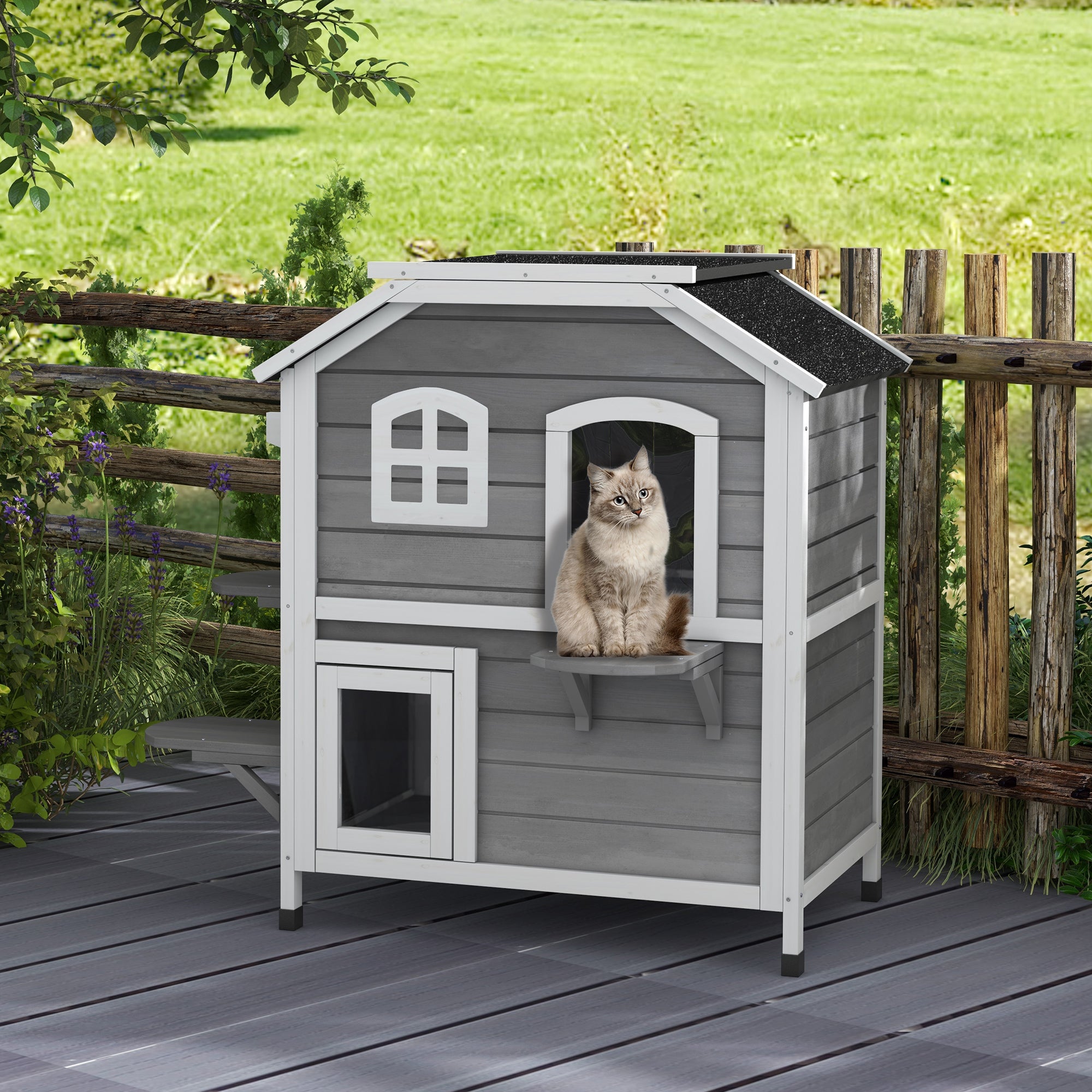  2-story Cat House Outdoor, Weatherproof Wooden Cat Enclosure for Feral Cats with Escape Door, Openable Roof, Jumping Platforms, Grey