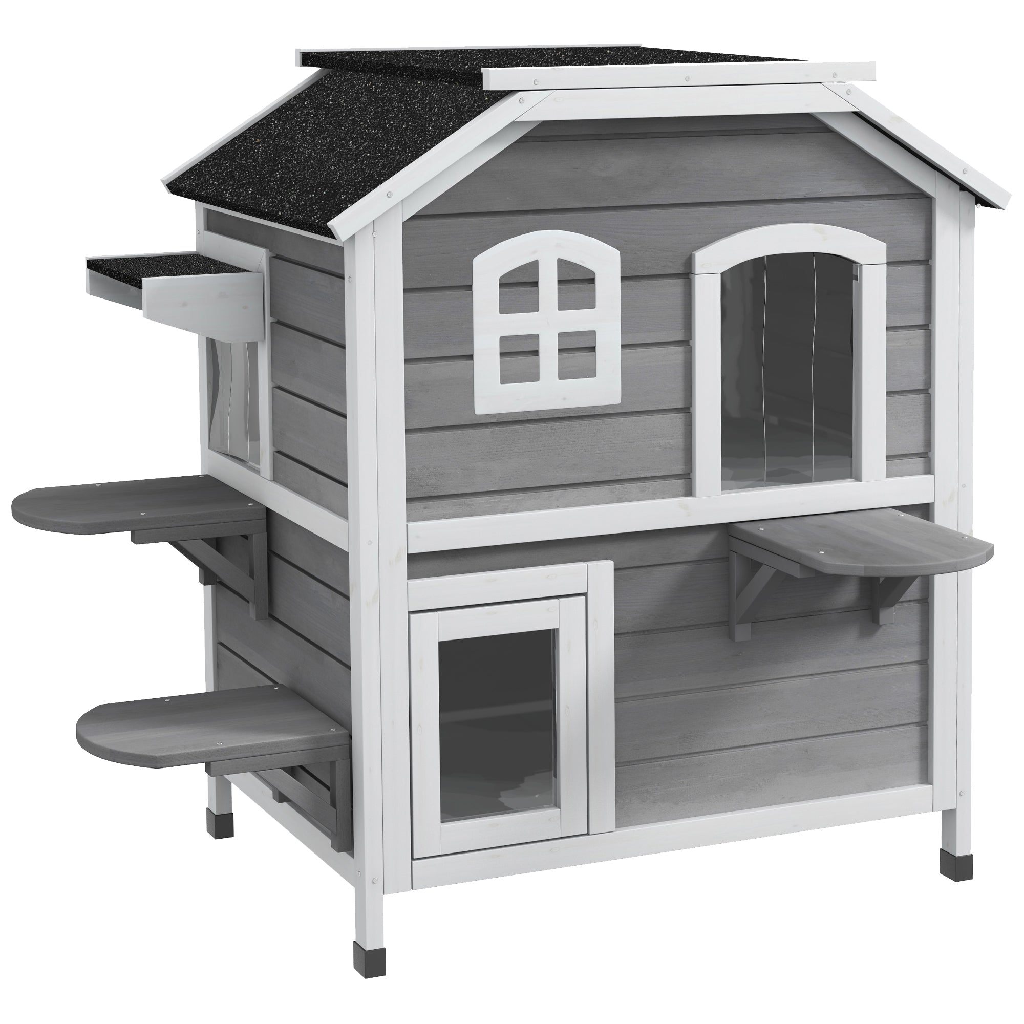  2-story Cat House Outdoor, Weatherproof Wooden Cat Enclosure for Feral Cats with Escape Door, Openable Roof, Jumping Platforms, Grey