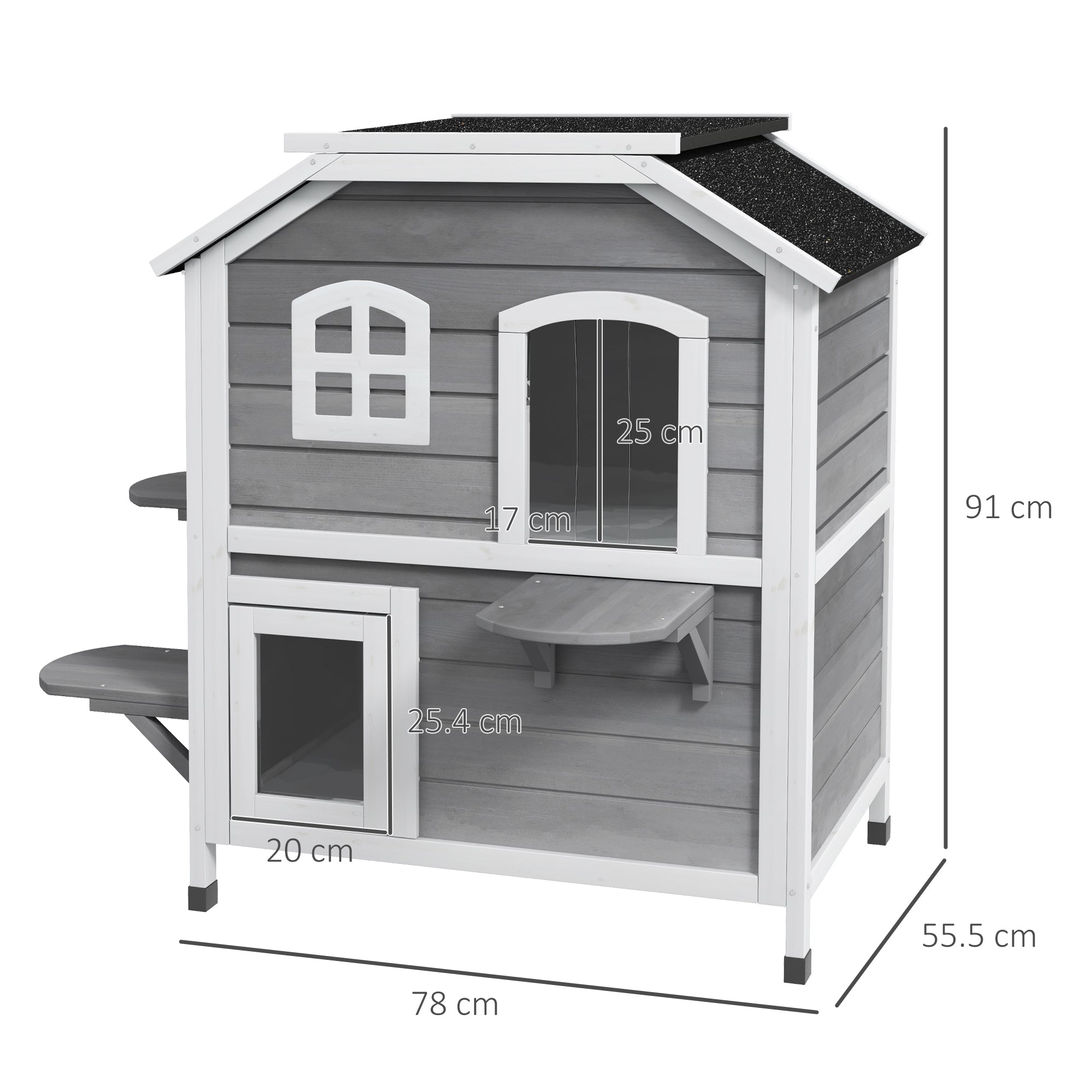  2-story Cat House Outdoor, Weatherproof Wooden Cat Enclosure for Feral Cats with Escape Door, Openable Roof, Jumping Platforms, Grey