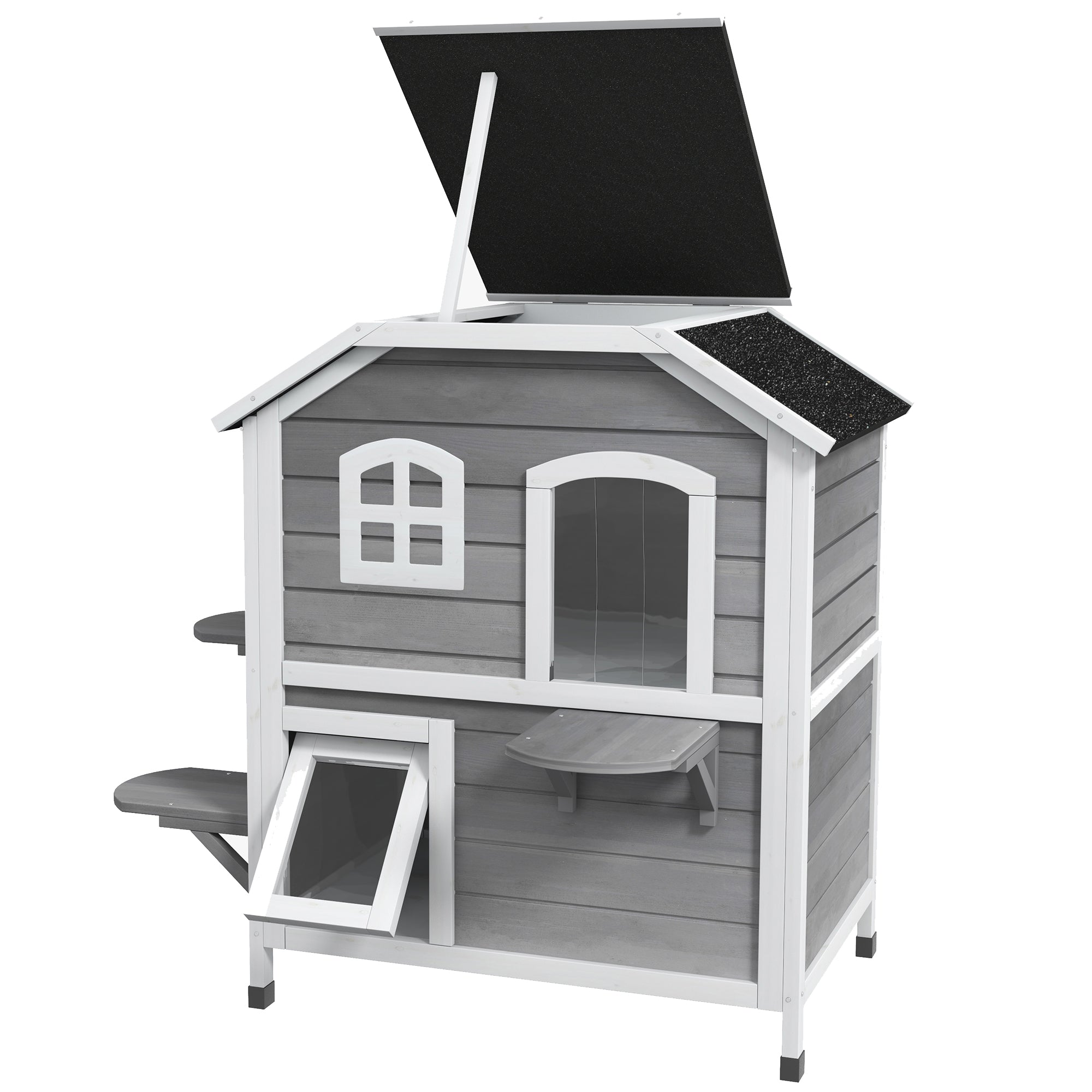  2-story Cat House Outdoor, Weatherproof Wooden Cat Enclosure for Feral Cats with Escape Door, Openable Roof, Jumping Platforms, Grey