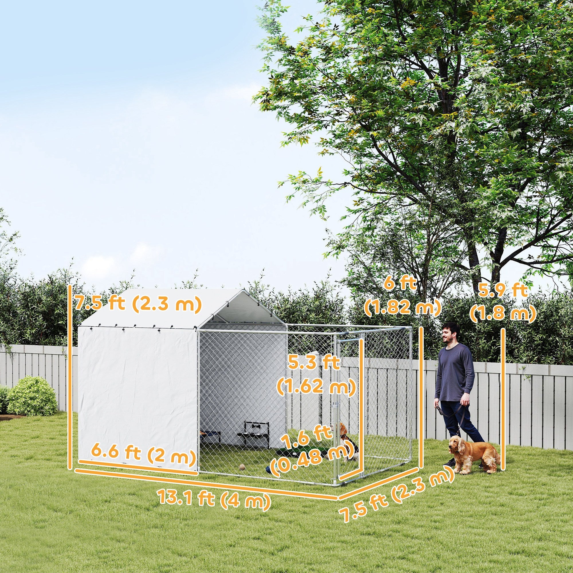 Outdoor Dog Kennel with Waterproof & UV-Resistant Cover, Dog Run with Secure Lock for Small Medium Large Dogs, 13.1' x 7.5' x 7.5'