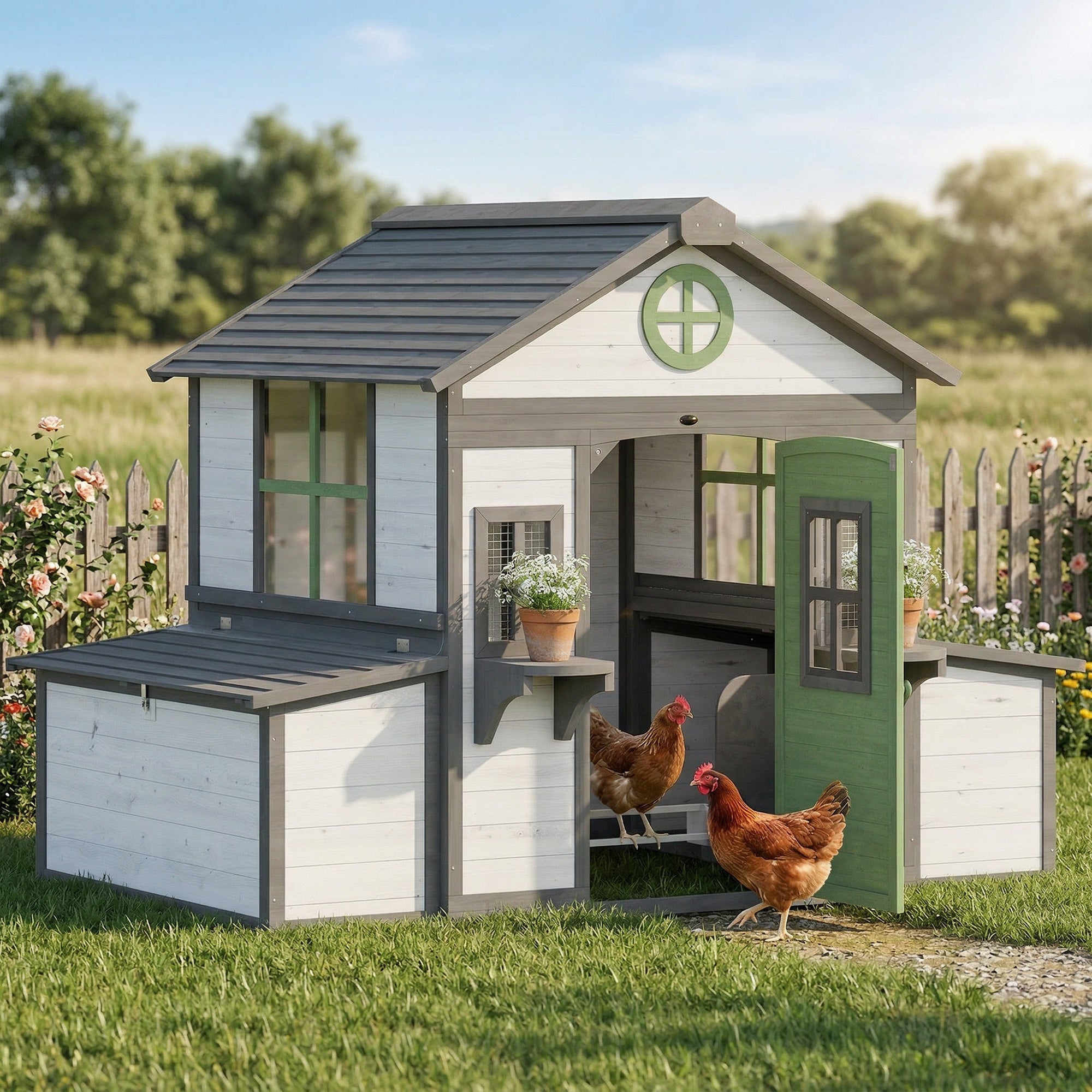 Wooden Chicken Coop, Hen House for 2-4 Hens, Outdoor Playhouse Poultry Cage with 2 Nesting Boxes, Waterproof Roof, Windows, Chicken Hutch for Farm Backyard, 72" x 50" x 54", White