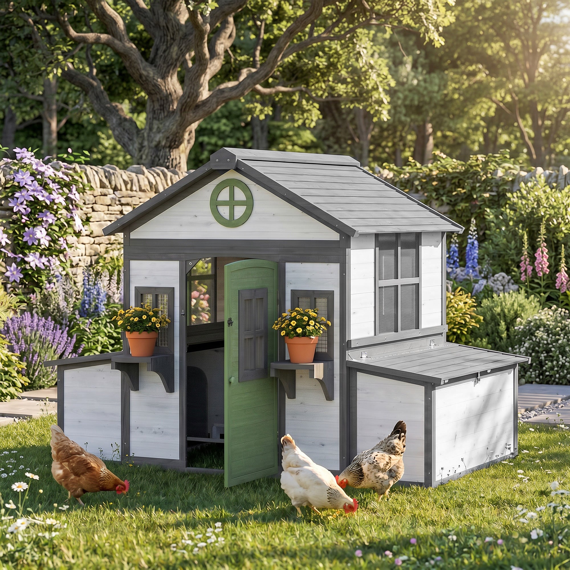 Wooden Chicken Coop, Hen House for 2-4 Hens, Outdoor Playhouse Poultry Cage with 2 Nesting Boxes, Waterproof Roof, Windows, Chicken Hutch for Farm Backyard, 72" x 50" x 54", White