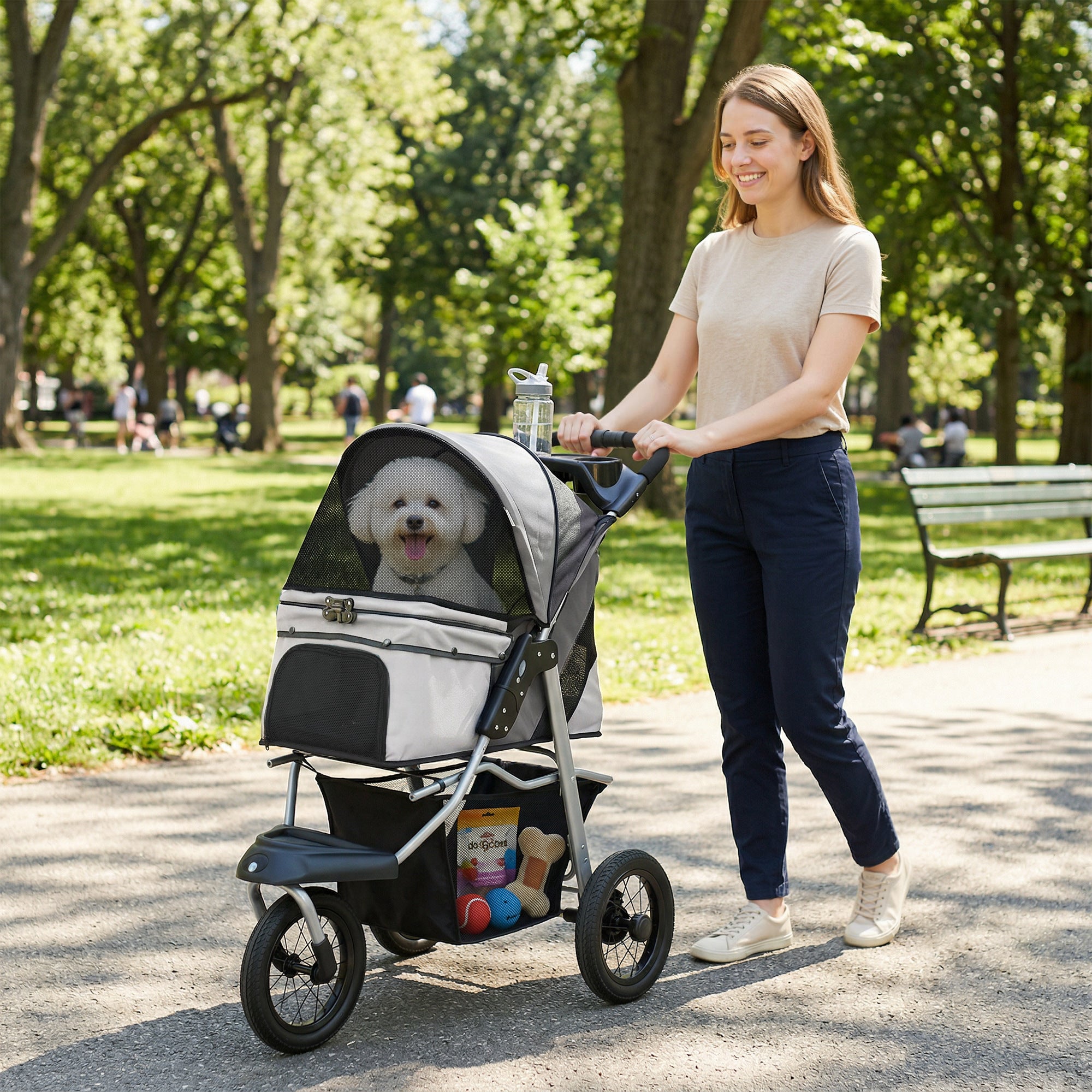 Dog Stroller for Small Dogs, 3 Wheel Foldable Pet Stroller with 12" Rubber Wheels, Mesh Window, One-Foot Brake, Storage Basket and Cup Holder, Up to 22 LBS, Light Gray