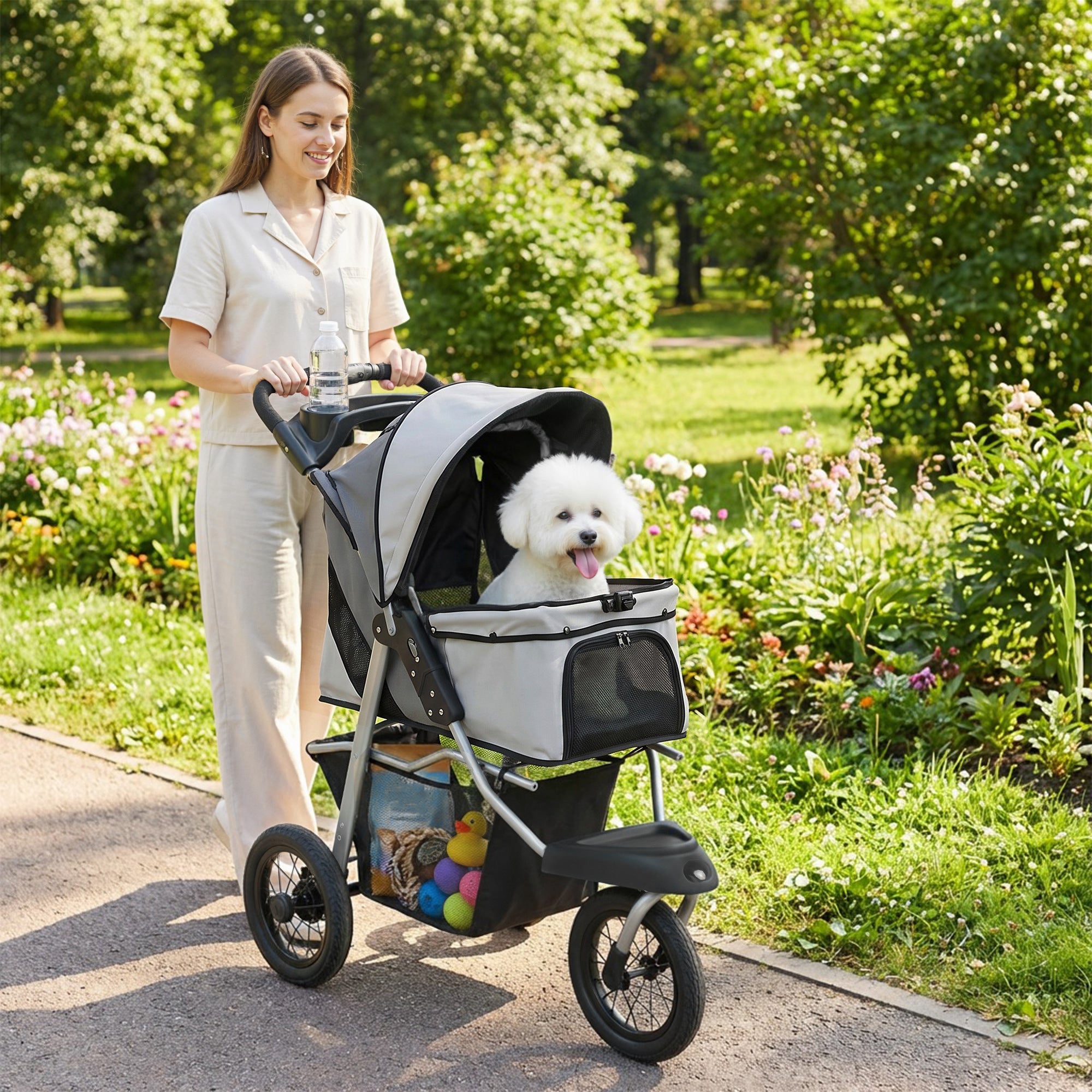 Dog Stroller for Small Dogs, 3 Wheel Foldable Pet Stroller with 12" Rubber Wheels, Mesh Window, One-Foot Brake, Storage Basket and Cup Holder, Up to 22 LBS, Light Gray