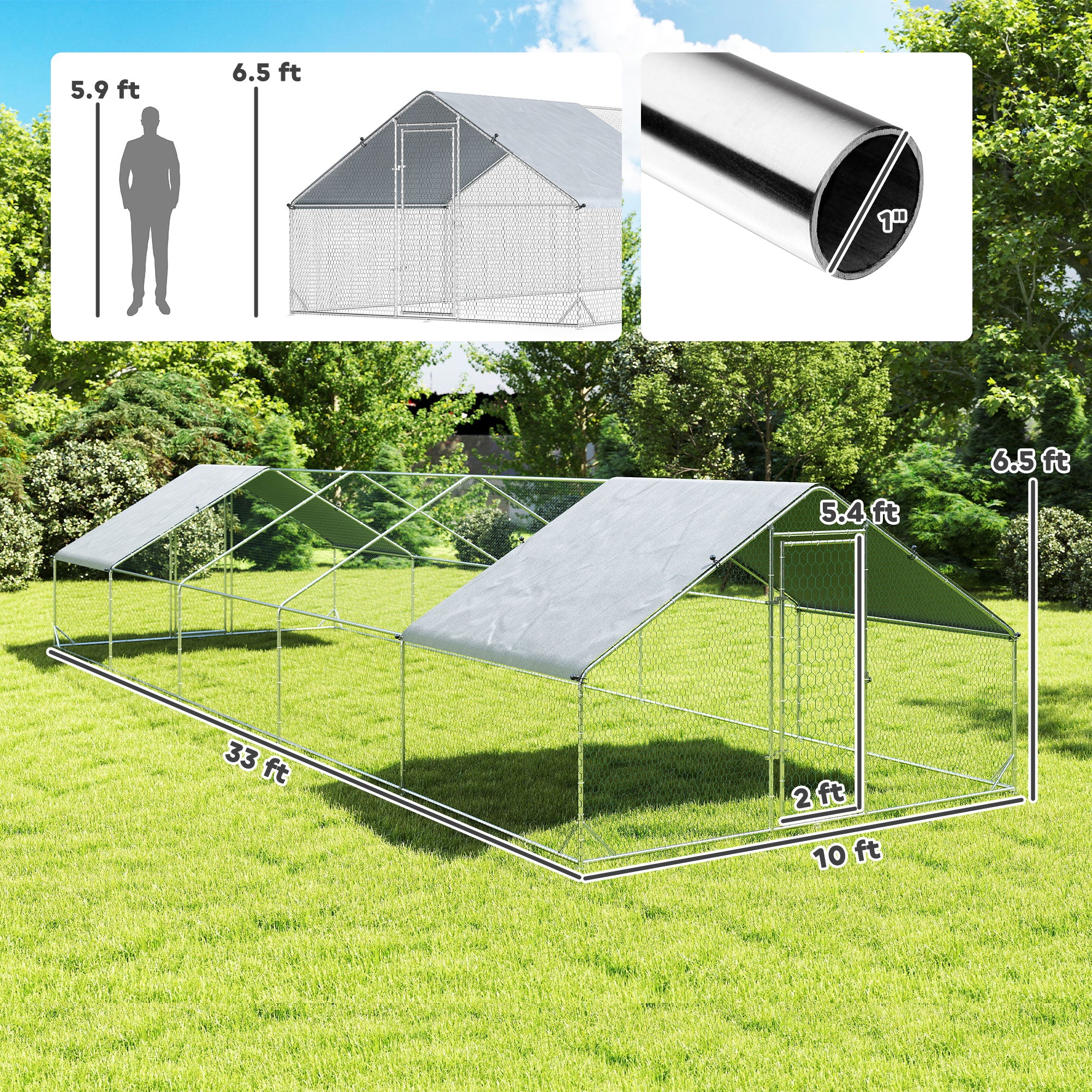 Large Chicken Coop Metal Chicken Run with Waterproof and Anti-UV Cover, Spire Shaped Walk in Fence Cage Hen House for 30-40 Hens, for Outdoor Yard Farm, 1" Tube Diameter, 33' x 10' x 6.4'