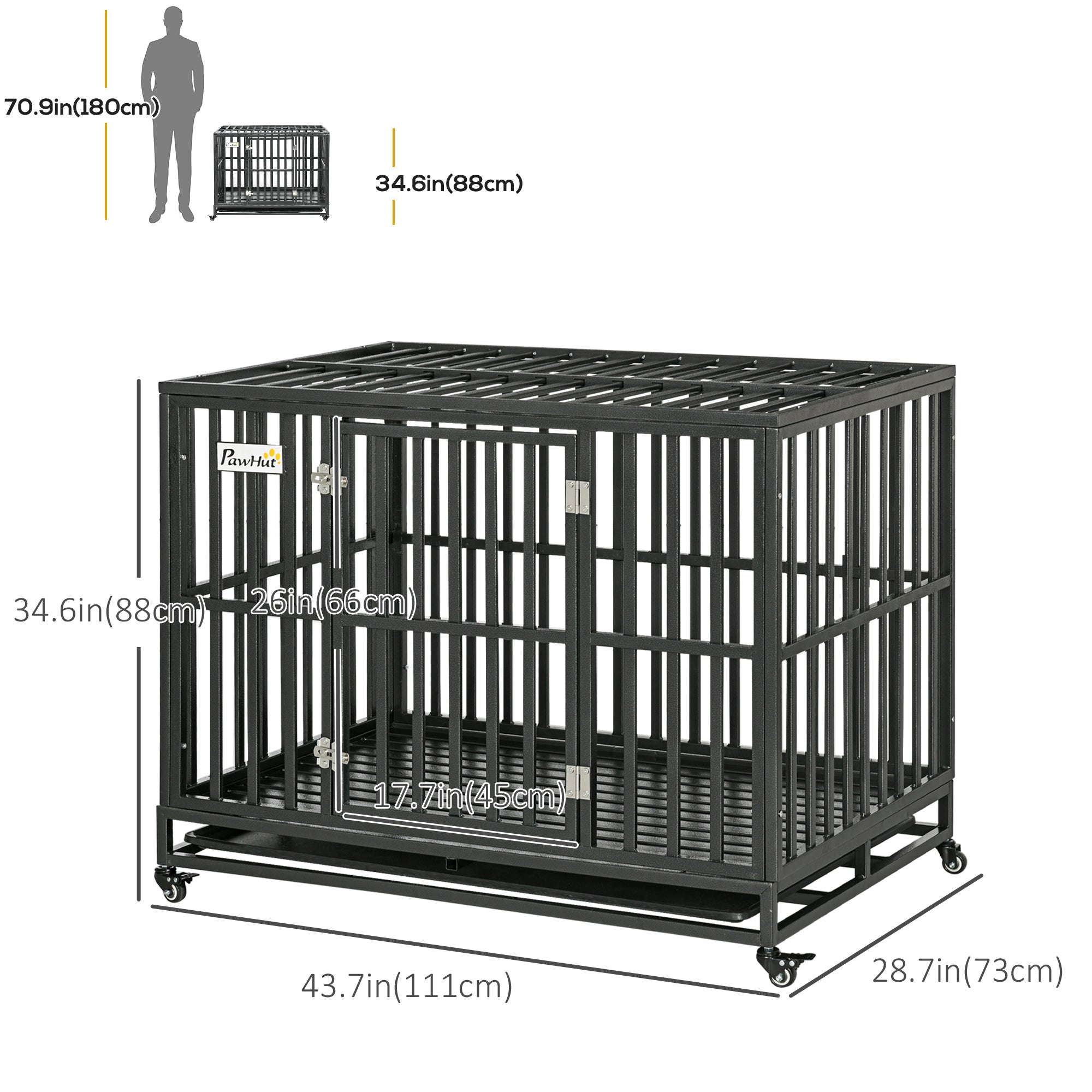 Heavy Duty Steel Dog Crate Kennel Pet Cage with Wheels for Portability and a Door for Convenient Access Anti-Pinching Floor, 43.7" L x 28.7" W x 34.6"H, Black
