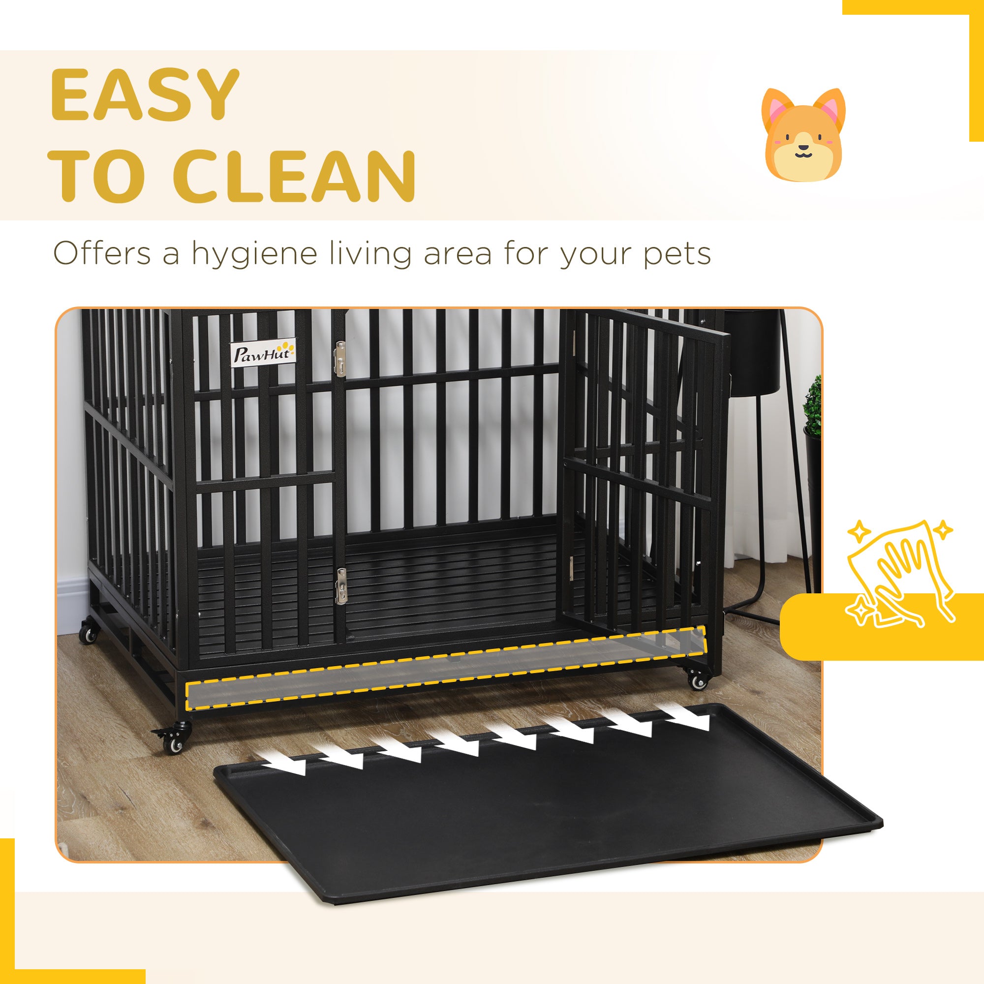 Heavy Duty Steel Dog Crate Kennel Pet Cage with Wheels for Portability and a Door for Convenient Access Anti-Pinching Floor, 43.7" L x 28.7" W x 34.6"H, Black