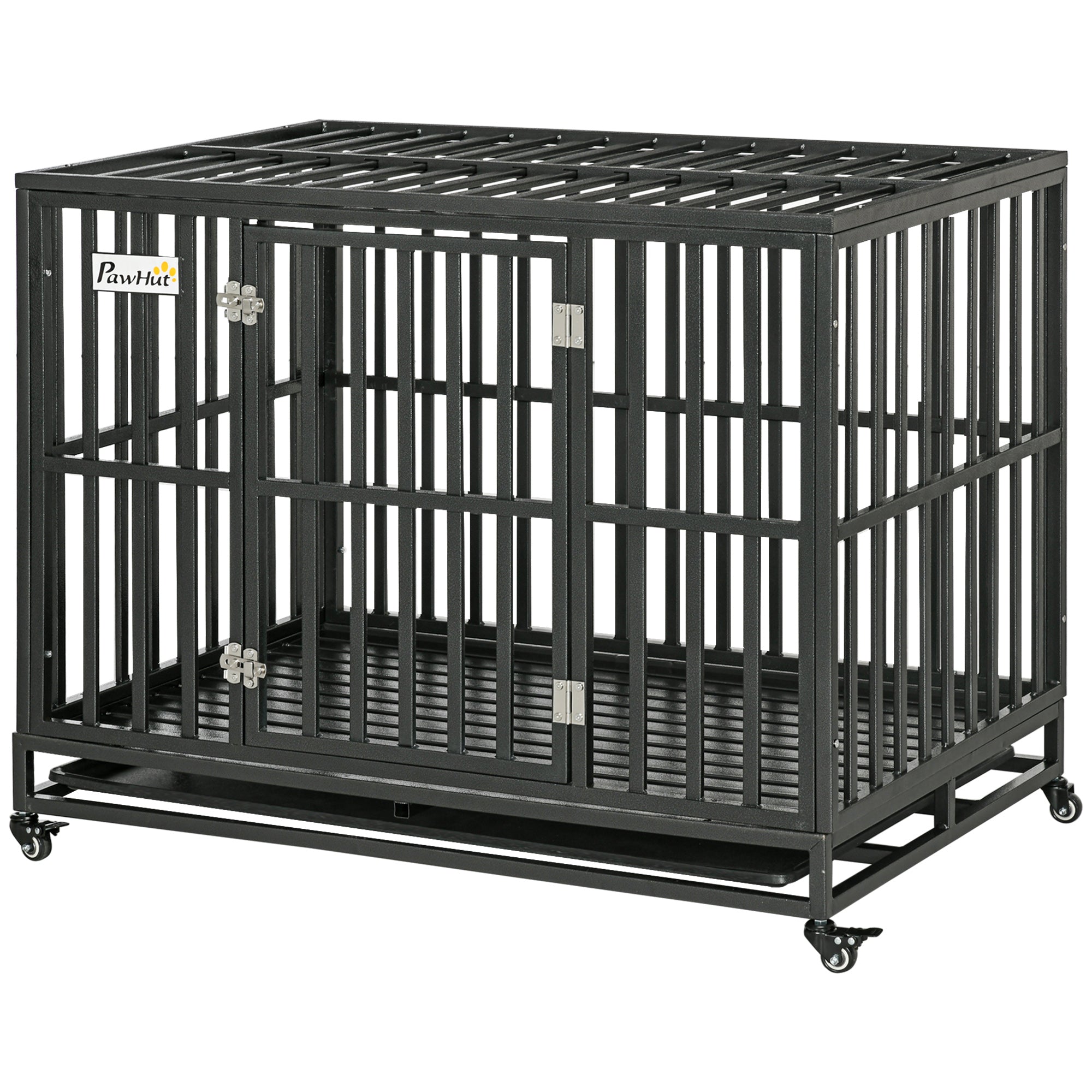 Heavy Duty Steel Dog Crate Kennel Pet Cage with Wheels for Portability and a Door for Convenient Access Anti-Pinching Floor, 43.7" L x 28.7" W x 34.6"H, Black