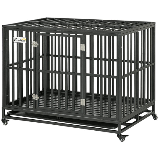 Heavy Duty Steel Dog Crate Kennel Pet Cage with Wheels for Portability and a Door for Convenient Access Anti-Pinching Floor, 43.7" L x 28.7" W x 34.6"H, Black
