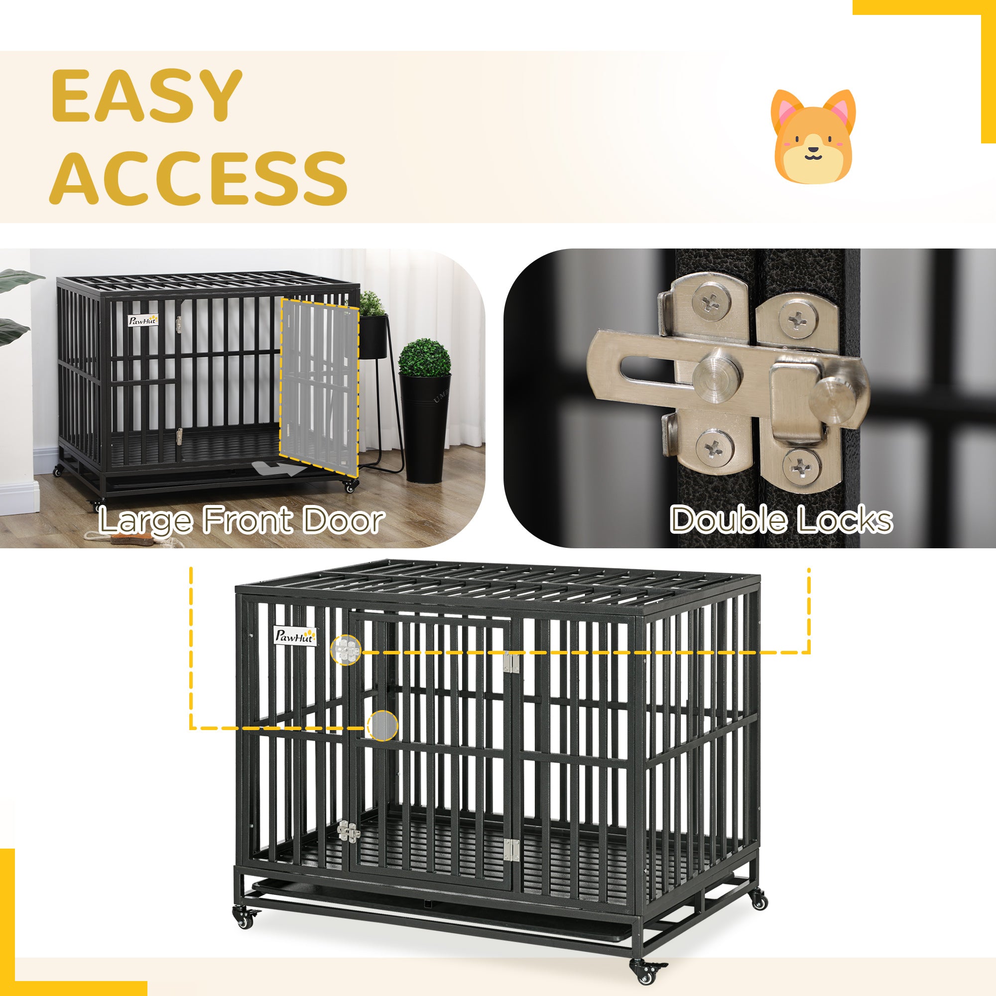 Heavy Duty Steel Dog Crate Kennel Pet Cage with Wheels for Portability and a Door for Convenient Access Anti-Pinching Floor, 43.7" L x 28.7" W x 34.6"H, Black