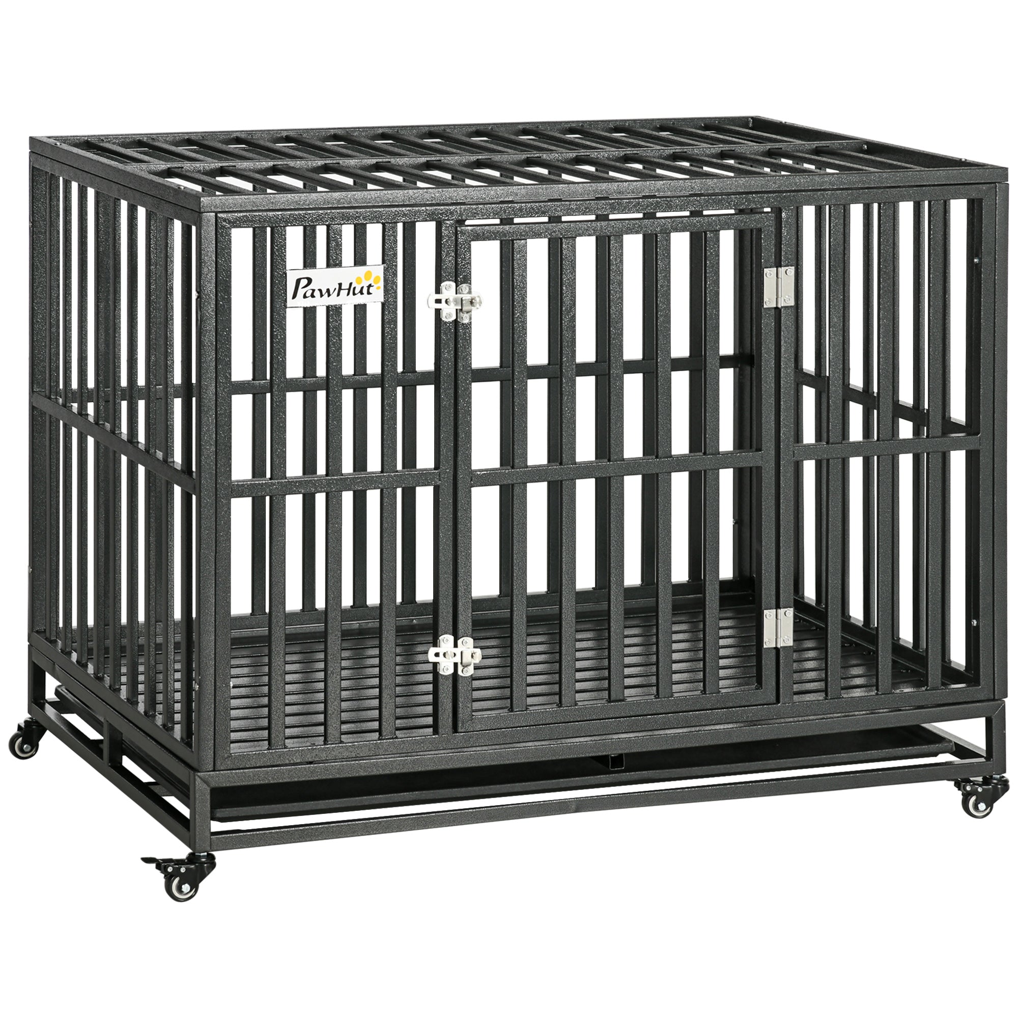 Heavy Duty Steel Dog Crate Kennel Pet Cage with Wheels for Portability and a Door for Convenient Access Anti-Pinching Floor, 43.7" L x 28.7" W x 34.6"H, Black