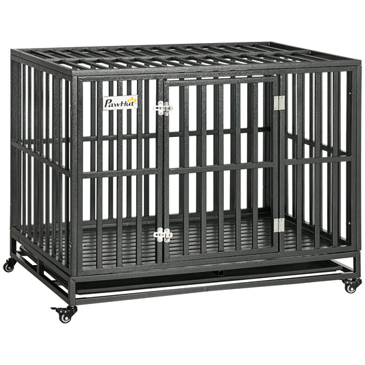 Heavy Duty Steel Dog Crate Kennel Pet Cage with Wheels for Portability and a Door for Convenient Access Anti-Pinching Floor, 43.7" L x 28.7" W x 34.6"H, Black