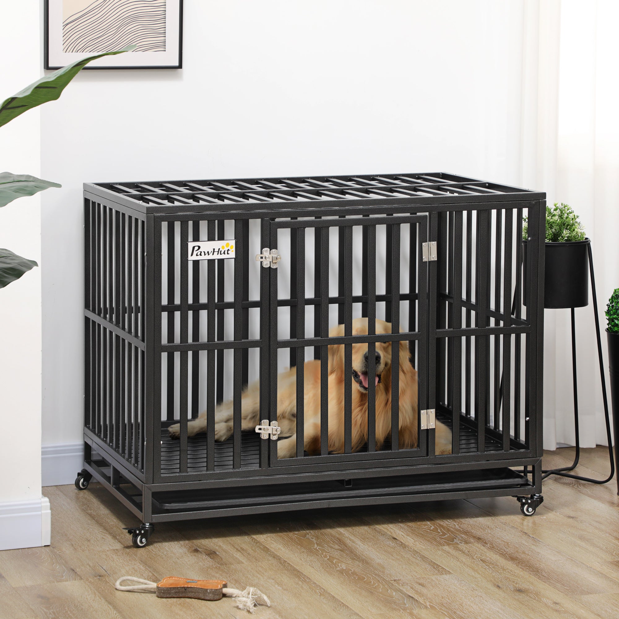 Heavy Duty Steel Dog Crate Kennel Pet Cage with Wheels for Portability and a Door for Convenient Access Anti-Pinching Floor, 43.7" L x 28.7" W x 34.6"H, Black