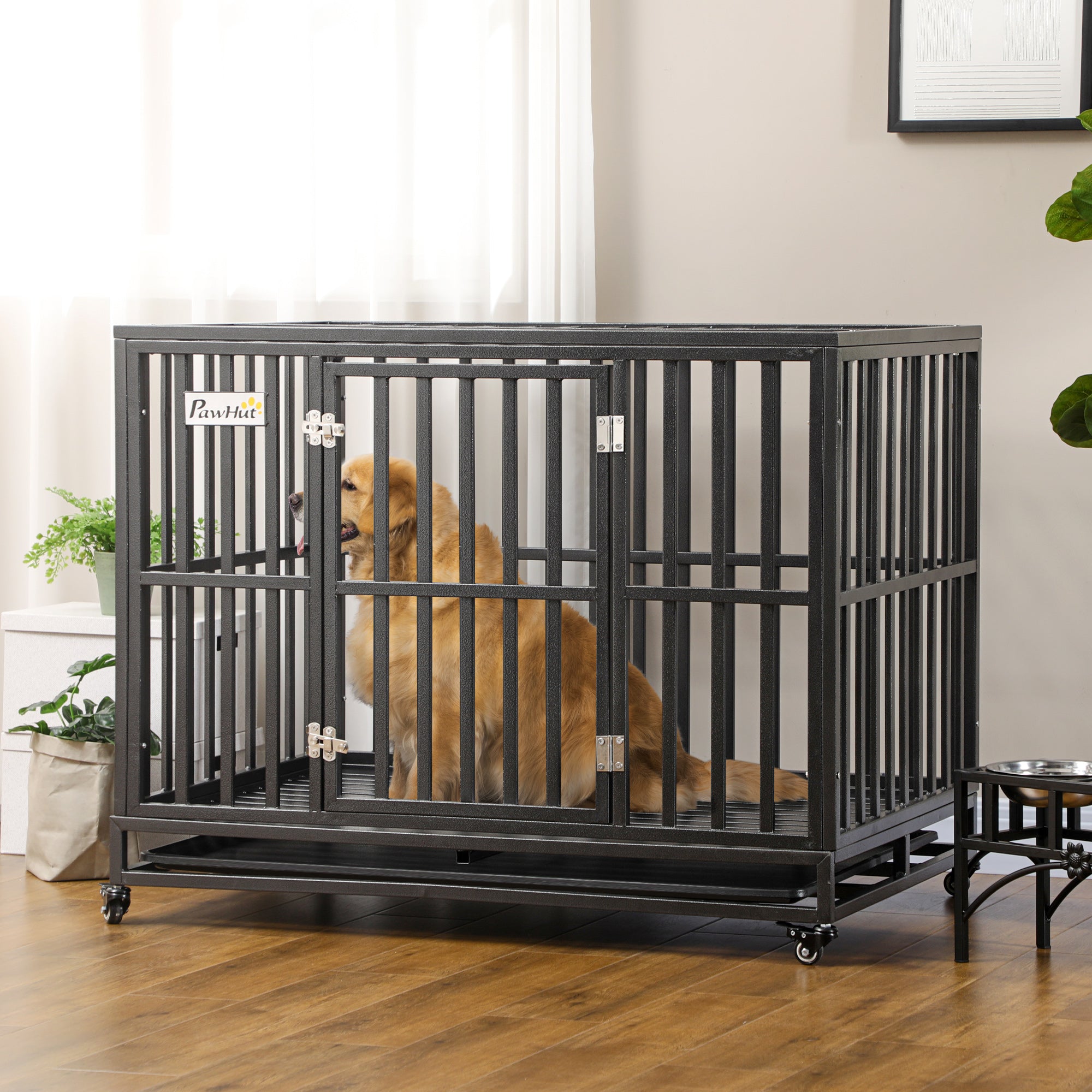 Heavy Duty Steel Dog Crate Kennel Pet Cage with Wheels for Portability and a Door for Convenient Access Anti-Pinching Floor, 43.7" L x 28.7" W x 34.6"H, Black