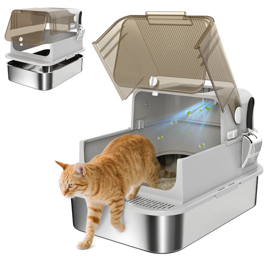 XXL Stainless Steel Cat Litter Tray, Enclosed Cat Litter Box with 90° Flip Cover, Double Doors, Scoop, Easy Clean, Odor Control, Anti-Leaking, Non-Sticky, Grey