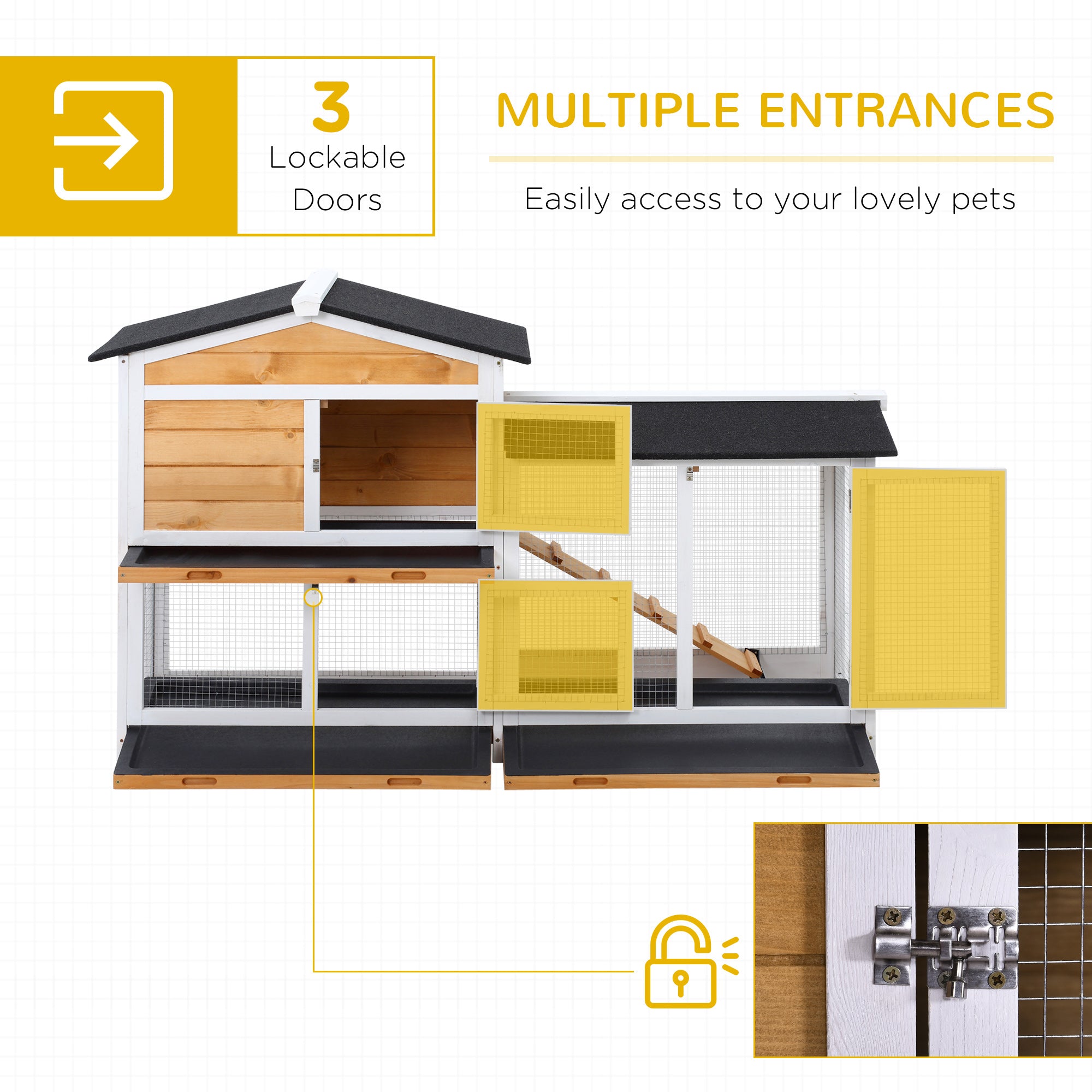 PawHut 62" Rabbit Hutch, Wooden Bunny Hutch, Guinea Pig Cage, Small Animal Enclosure with Run Area, Removable Tray, Asphalt Roof, Lockable Doors and Ramp, Nature Wood