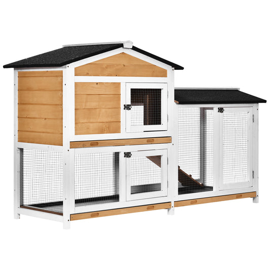 2-tier Wood Rabbit Hutch Backyard Bunny Cage Small Animal House w/ Ramp and Outdoor Run, Yellow