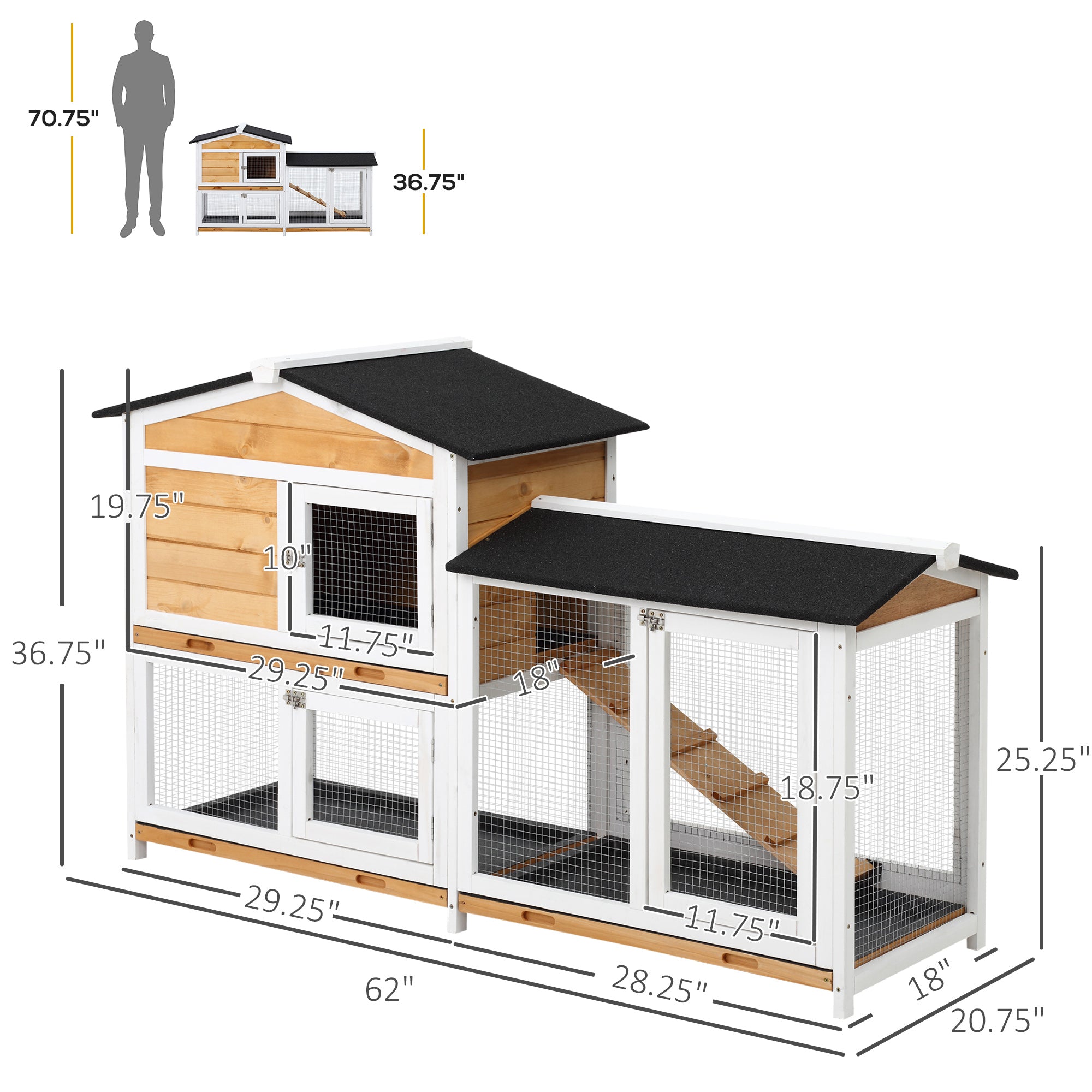 PawHut 62" Rabbit Hutch, Wooden Bunny Hutch, Guinea Pig Cage, Small Animal Enclosure with Run Area, Removable Tray, Asphalt Roof, Lockable Doors and Ramp, Nature Wood