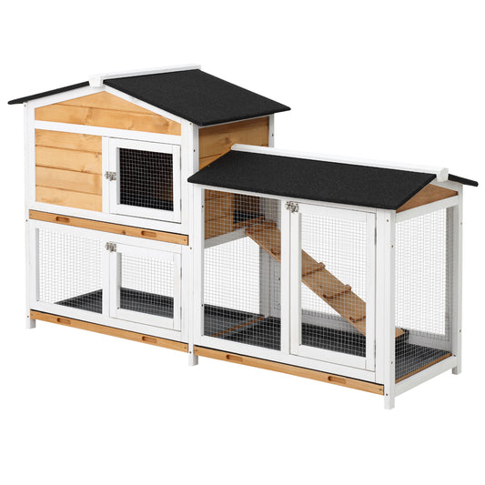 2-tier Wood Rabbit Hutch Backyard Bunny Cage Small Animal House w/ Ramp and Outdoor Run, Yellow