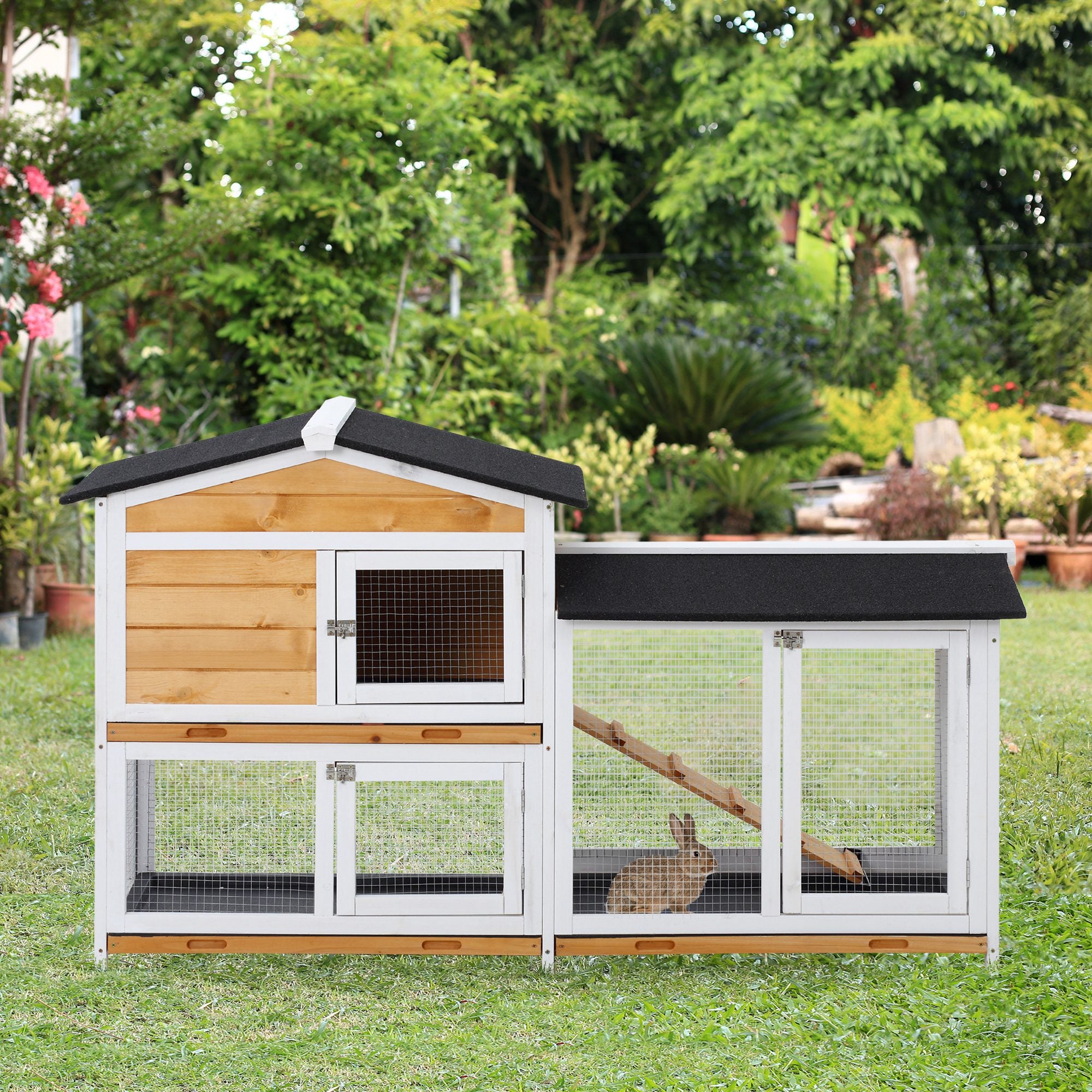 PawHut 62" Rabbit Hutch, Wooden Bunny Hutch, Guinea Pig Cage, Small Animal Enclosure with Run Area, Removable Tray, Asphalt Roof, Lockable Doors and Ramp, Nature Wood