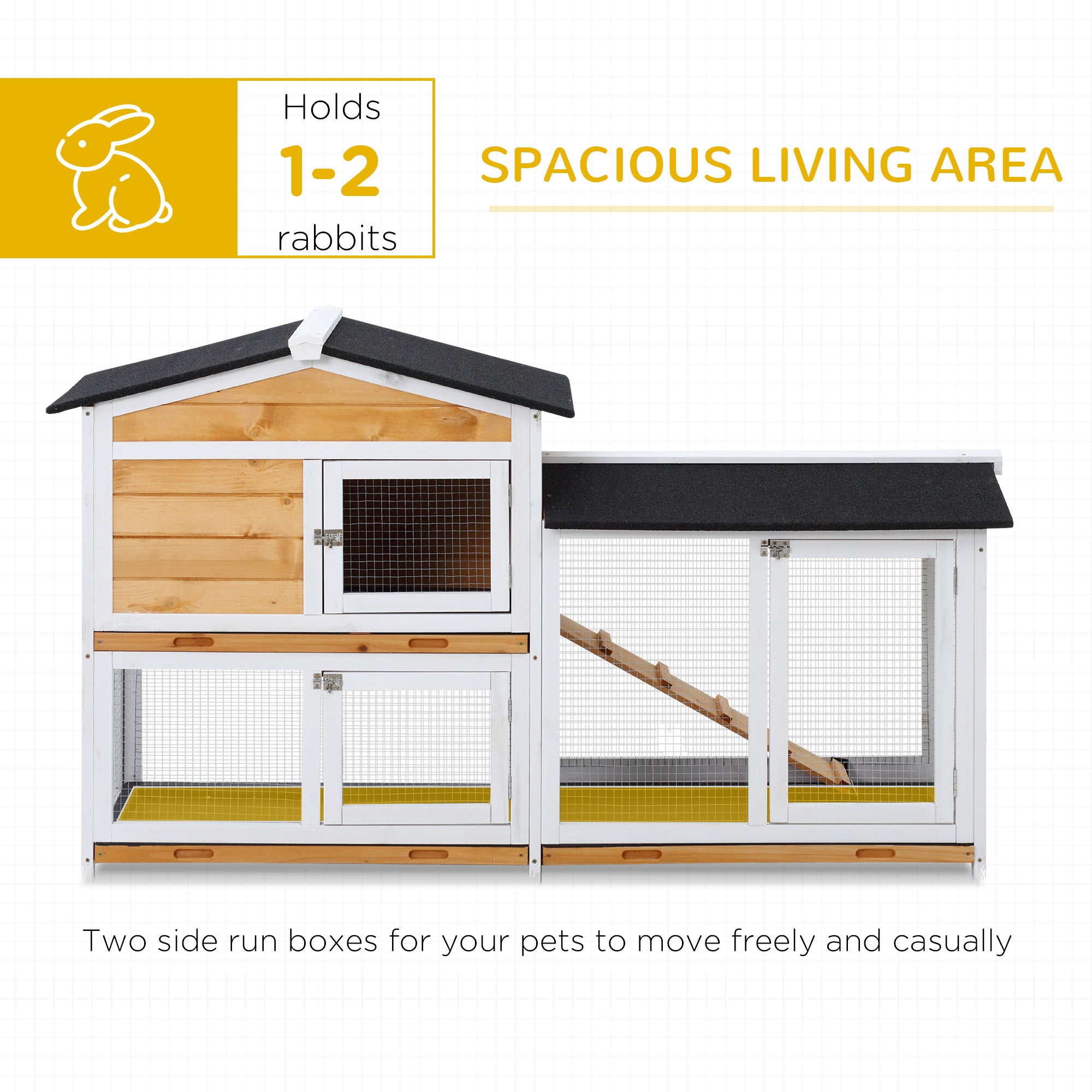 PawHut 62" Rabbit Hutch, Wooden Bunny Hutch, Guinea Pig Cage, Small Animal Enclosure with Run Area, Removable Tray, Asphalt Roof, Lockable Doors and Ramp, Nature Wood