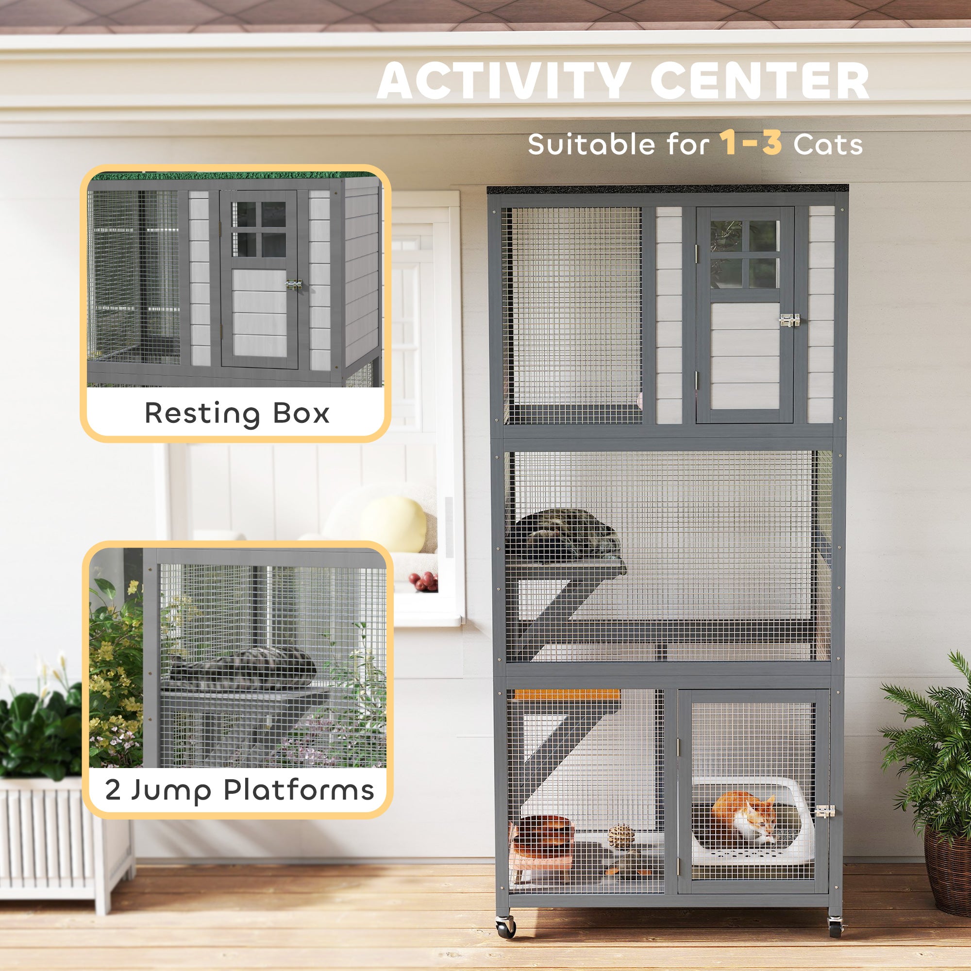 74"H Wooden Catio Cat Enclosure, Indoor Outdoor Kitten House with Weatherproof Asphalt Roof & Brake Wheels, Luxury Kitten Condo Cage for Multiple Cats, Light Grey