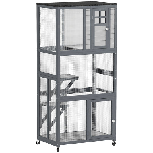 74"H Wooden Catio Cat Enclosure, Indoor Outdoor Kitten House with Weatherproof Asphalt Roof & Brake Wheels, Luxury Kitten Condo Cage for Multiple Cats, Light Grey