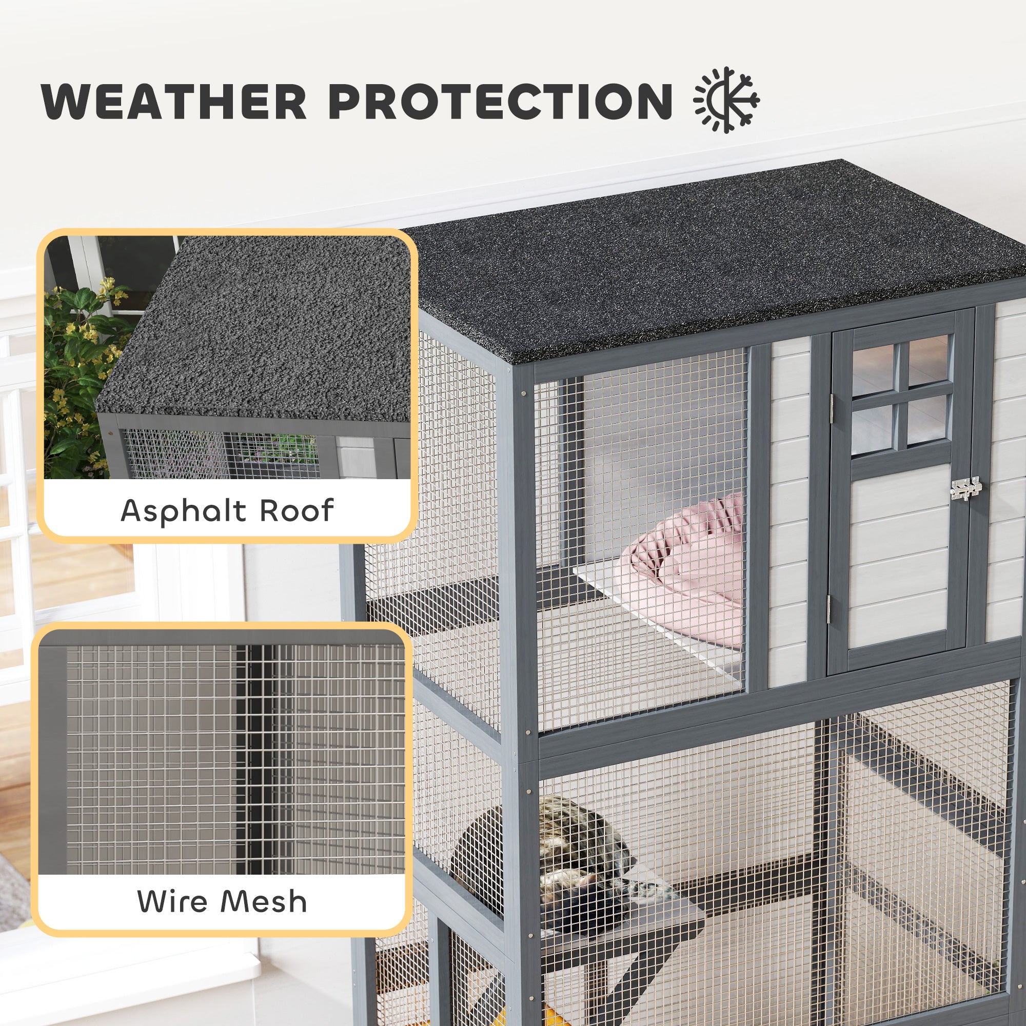 74"H Wooden Catio Cat Enclosure, Indoor Outdoor Kitten House with Weatherproof Asphalt Roof & Brake Wheels, Luxury Kitten Condo Cage for Multiple Cats, Light Grey