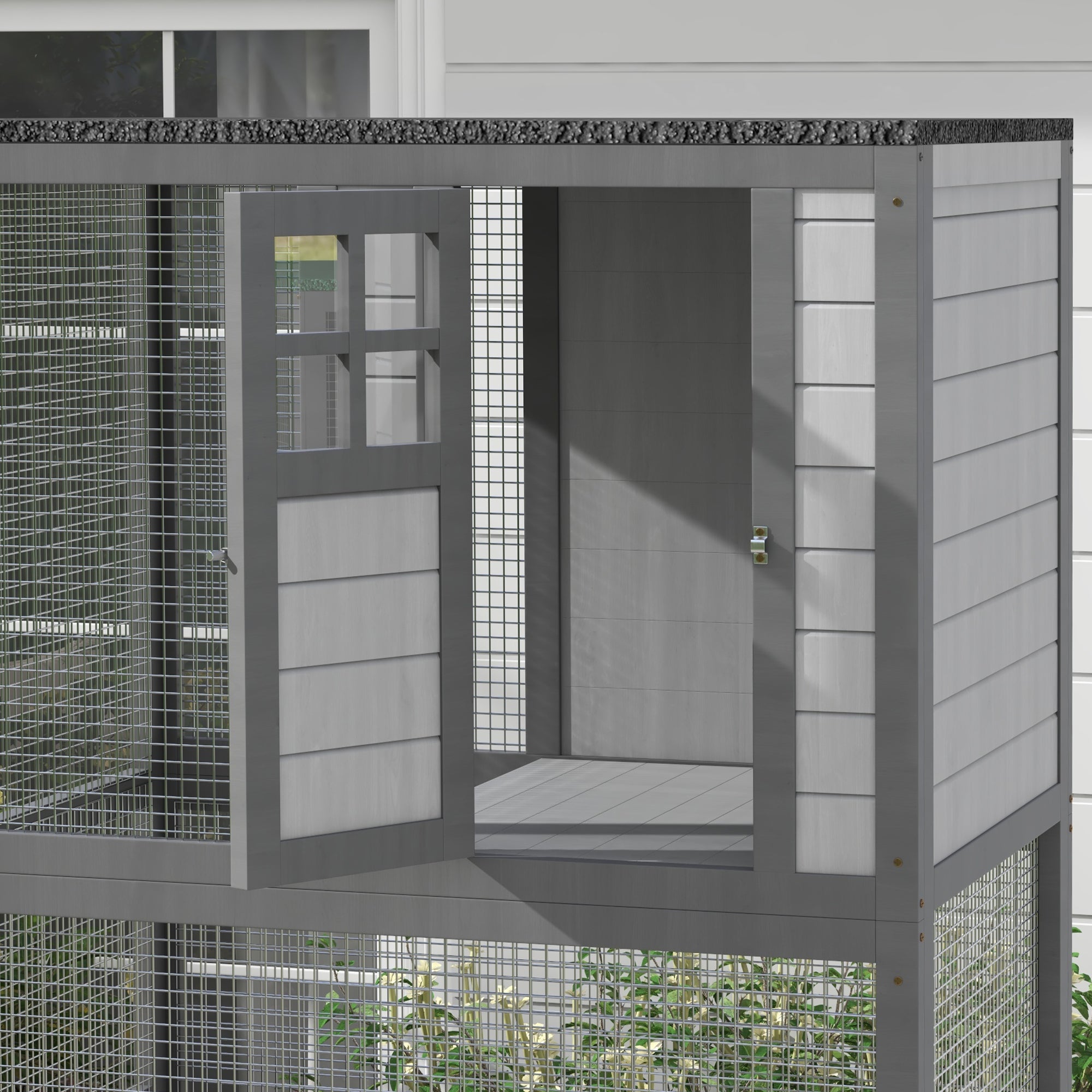 PawHut 74" Wooden Catio Outdoor Cat House Weatherproof & Wheeled, Outside Cat Enclosure with High Weight Capacity, Kitten Cage Condo, Light Gray