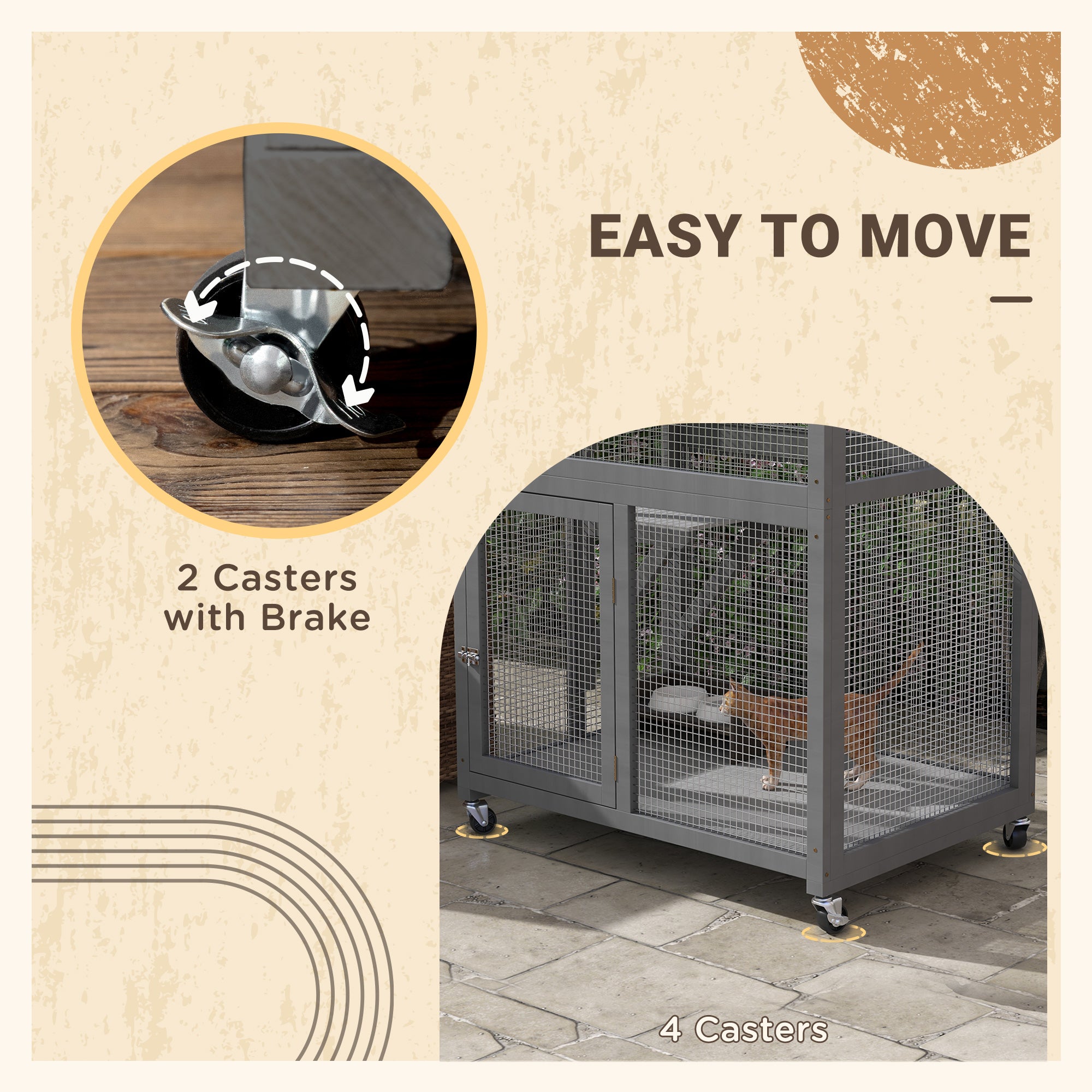 PawHut 74" Wooden Catio Outdoor Cat House Weatherproof & Wheeled, Outside Cat Enclosure with High Weight Capacity, Kitten Cage Condo, Light Gray