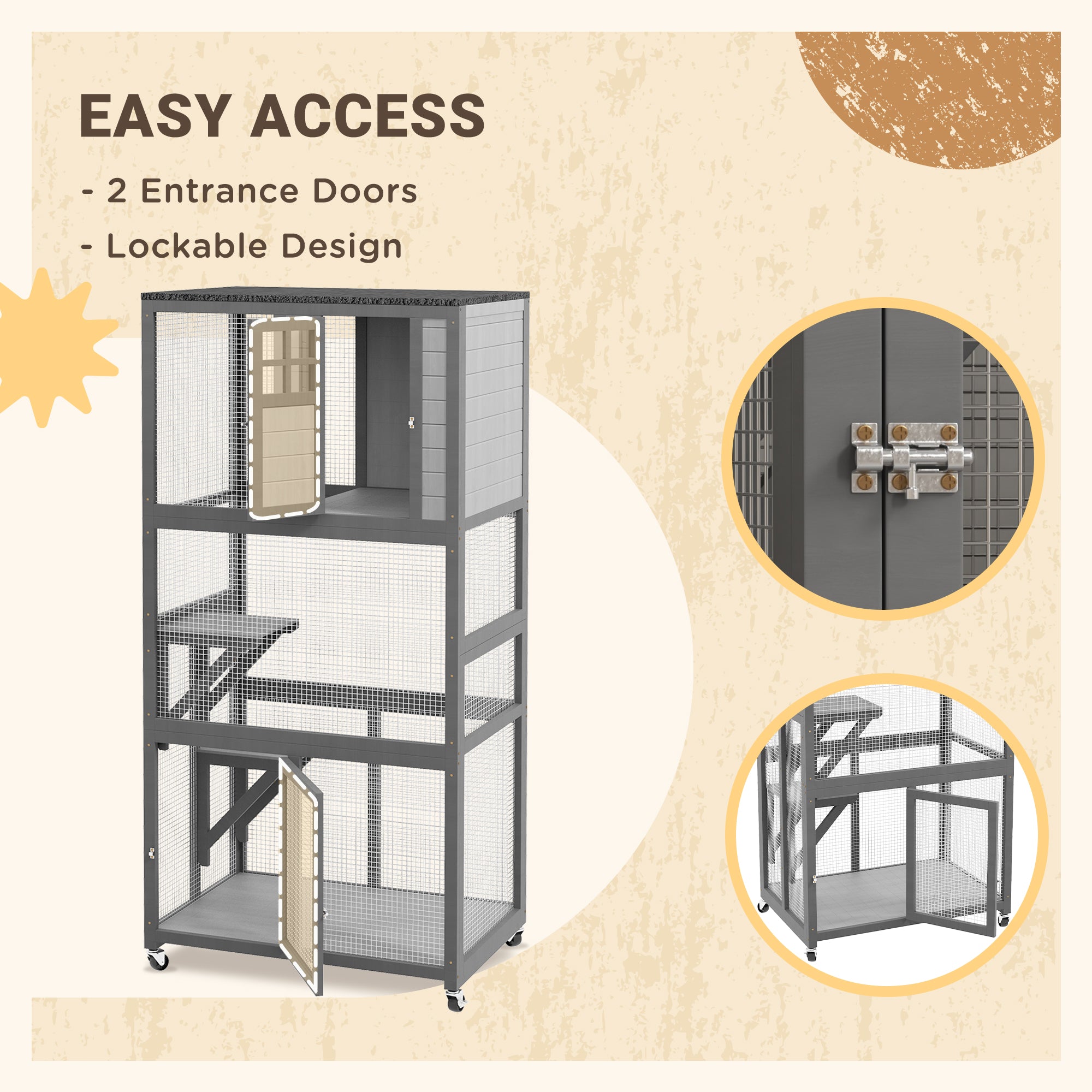 PawHut 74" Wooden Catio Outdoor Cat House Weatherproof & Wheeled, Outside Cat Enclosure with High Weight Capacity, Kitten Cage Condo, Light Gray