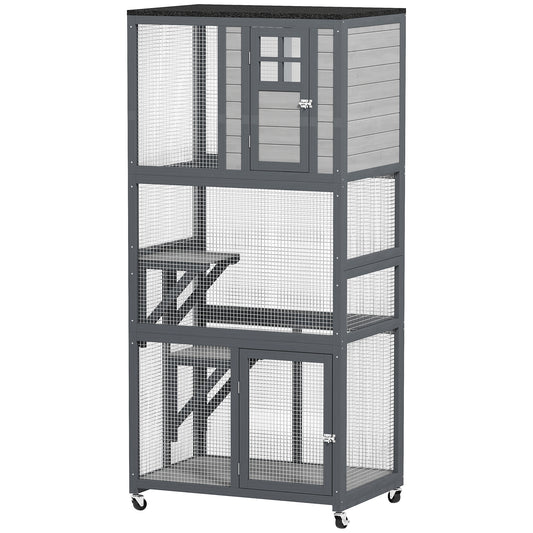 74"H Wooden Catio Cat Enclosure, Indoor Outdoor Kitten House with Weatherproof Asphalt Roof & Brake Wheels, Luxury Kitten Condo Cage for Multiple Cats, Light Grey