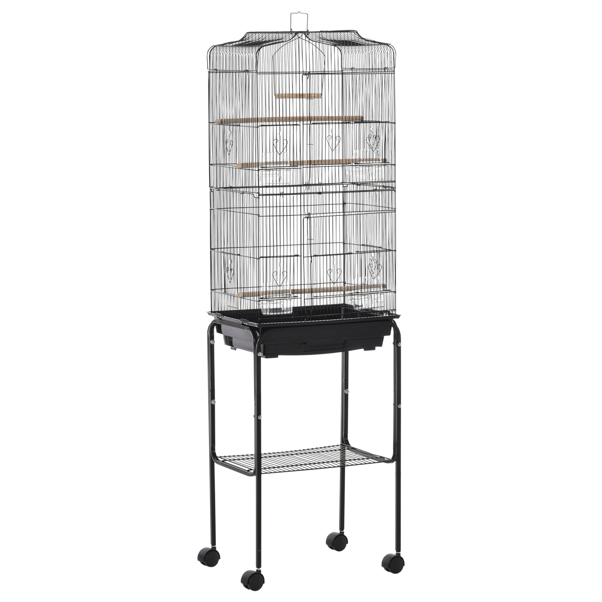 Bird Cage Budgie Cages for Finch Canary Parakeet with Stand Wheels Slide-out Tray Accessories Storage Shelf, Black 46.5 x 36 x 157 cm