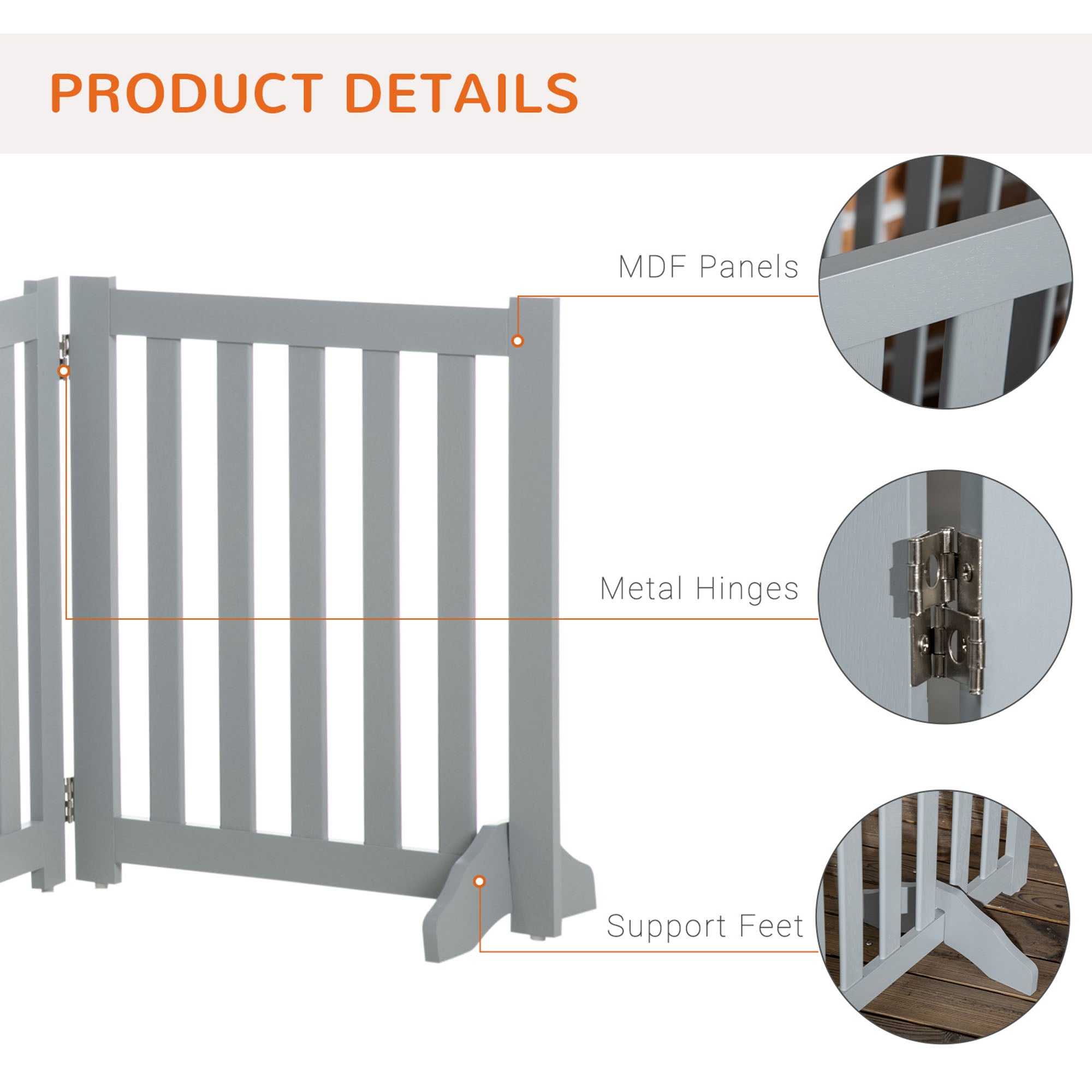 23.5"H Foldable Dog Gate with Door, 4 Panels Freestanding Pet Gate Barriers Indoor with Support Feet, Puppy Fence for Small Dogs, Grey