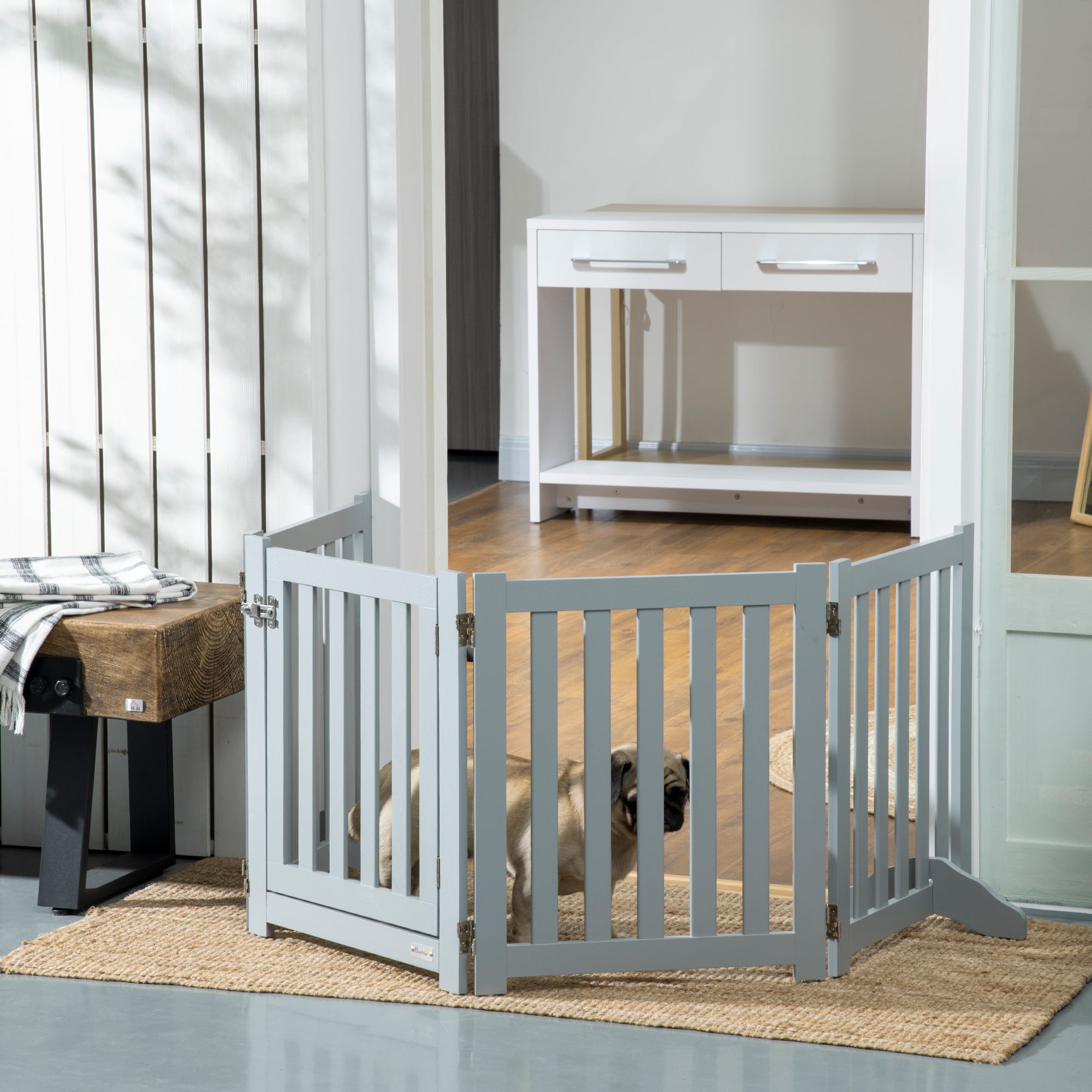 23.5"H Foldable Dog Gate with Door, 4 Panels Freestanding Pet Gate Barriers Indoor with Support Feet, Puppy Fence for Small Dogs, Grey