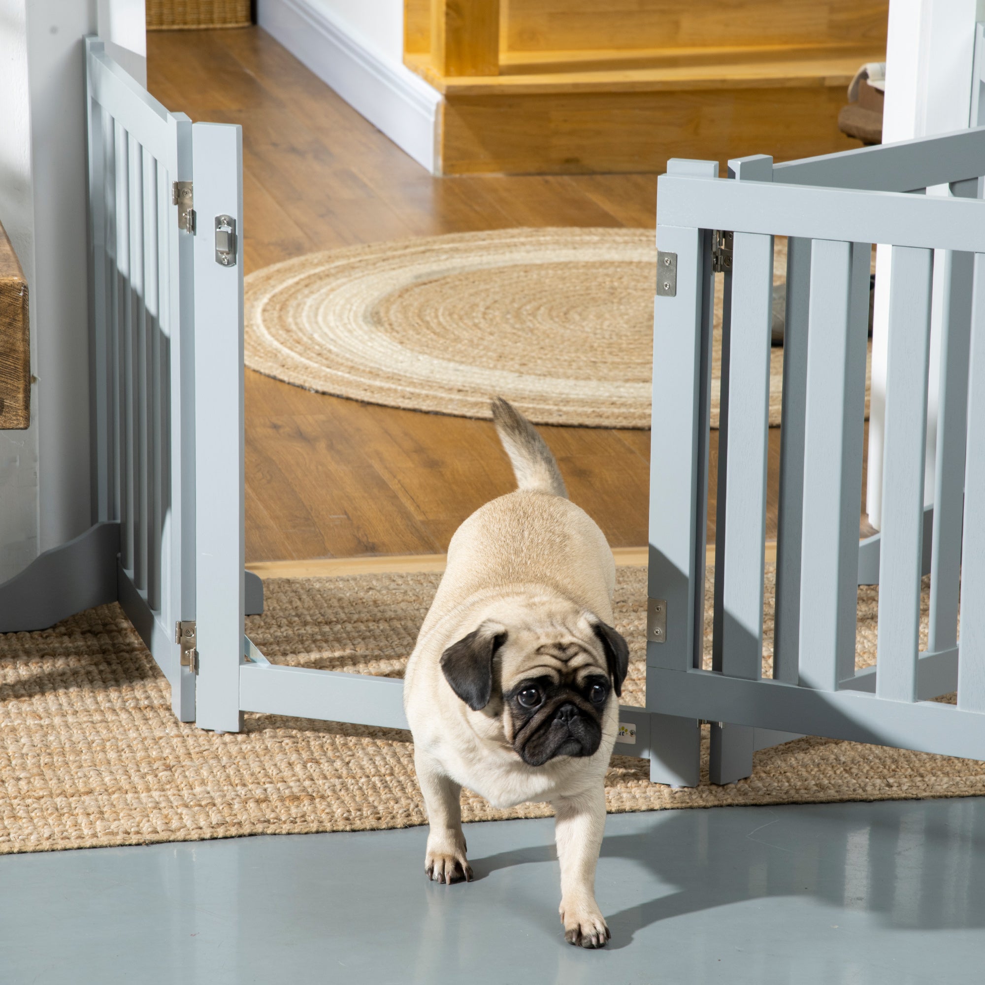23.5"H Foldable Dog Gate with Door, 4 Panels Freestanding Pet Gate Barriers Indoor with Support Feet, Puppy Fence for Small Dogs, Grey