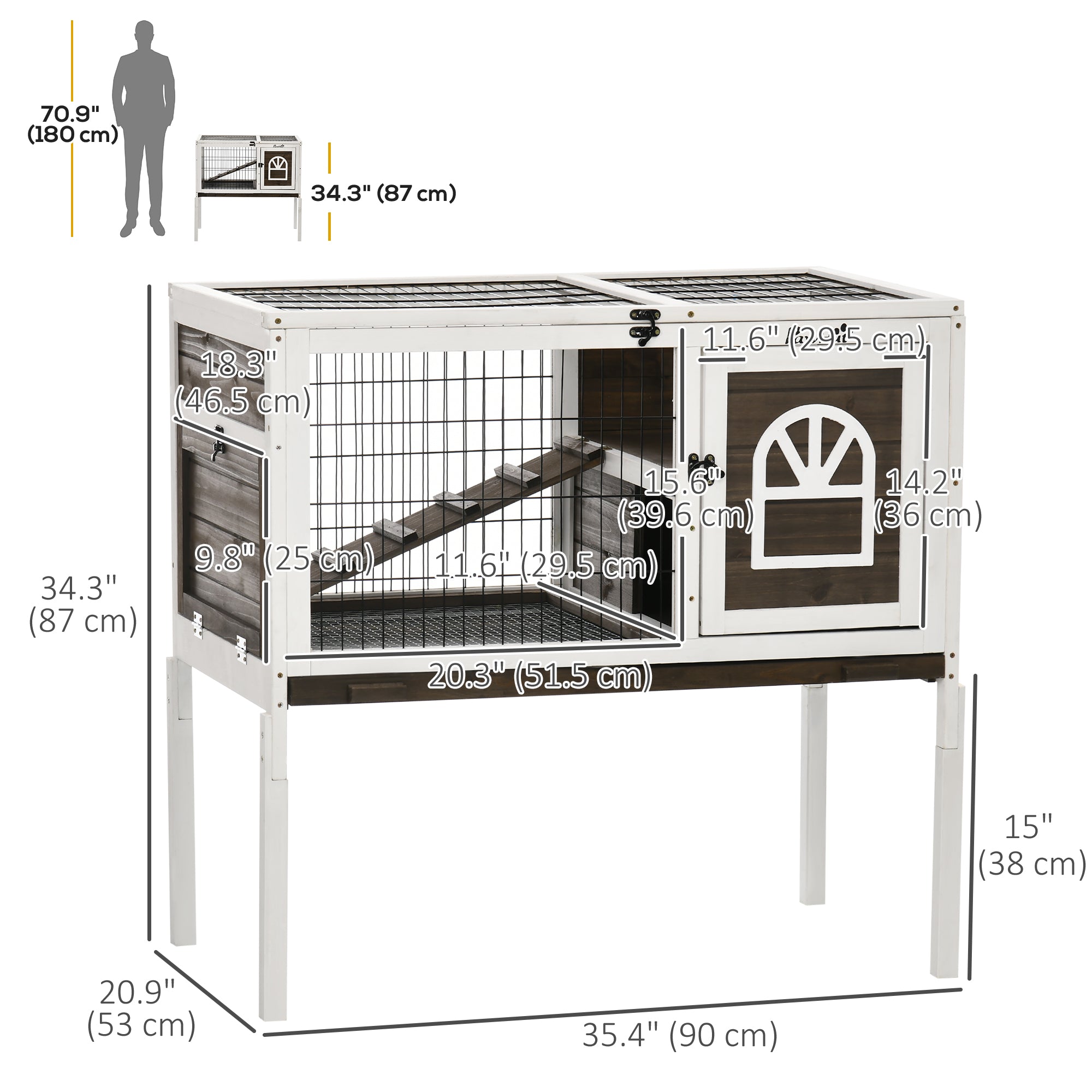 Rabbit Hutch, Indoor Elevated Bunny Cage with Run, Ladder, Slide-Out Tray and Lockable Doors, Rabbit House Guinea Pig Cage with Dual-Height Design, Coffee
