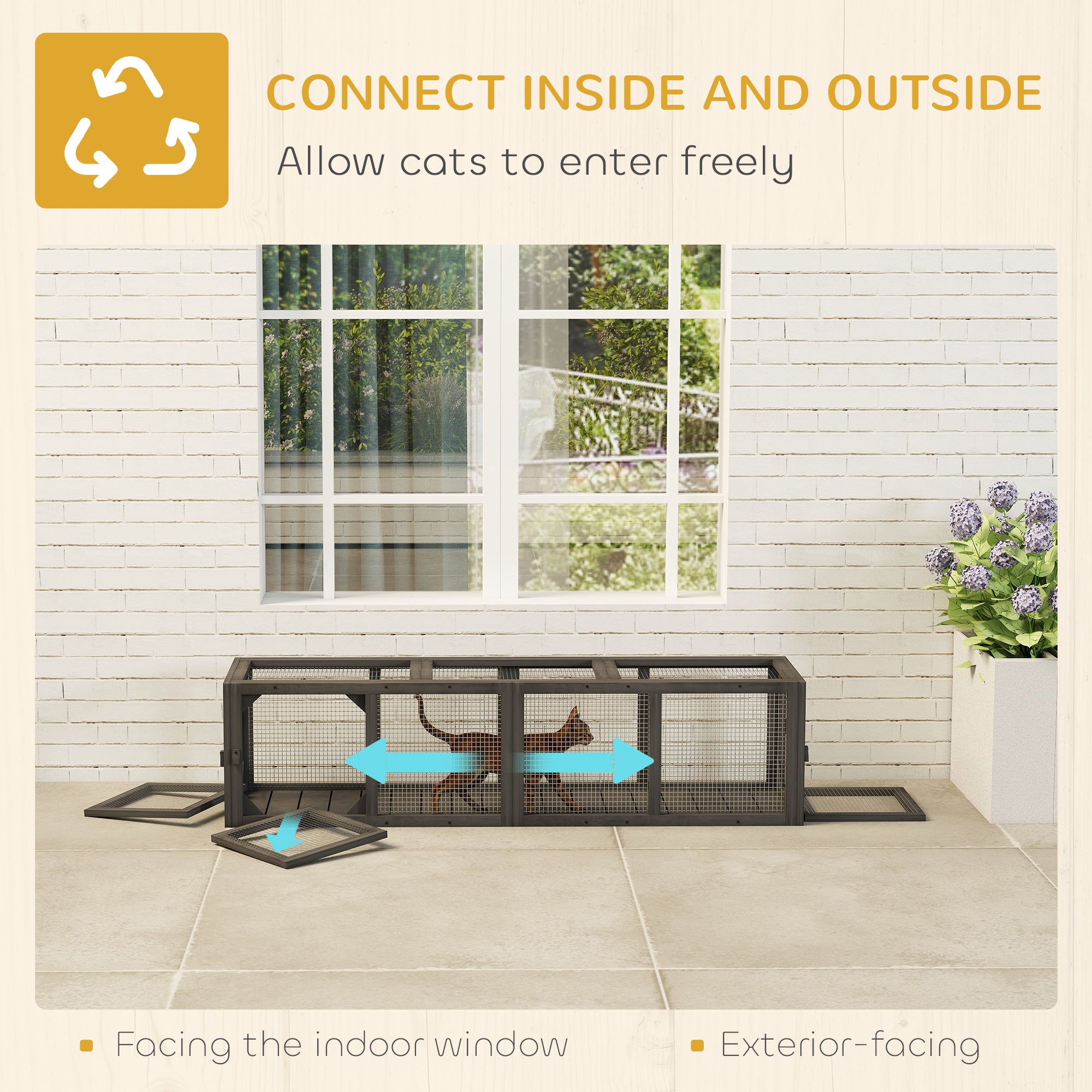Outdoor Cat Tunnel, 59" Wooden Play Cat Enclosure, Extendable Pet Run with 3 Doors, for Indoor and Outdoor Use, for Kitty, Puppy, Gray