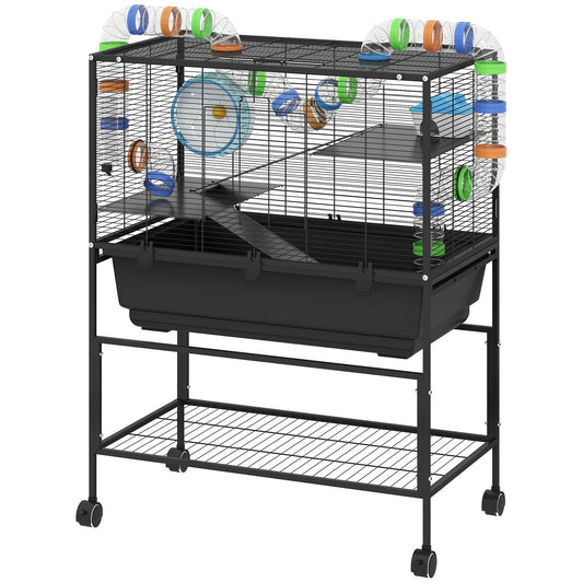 Hamster Cage, 3 Tier Large Gerbil Cage on Wheels with 17 cm Deep Tray, Storage Shelf, Big Exercise Wheel, Tube System, Hut, Platforms, Ramps, Food Dish, Water Bottle, for Syrian Hamsters, Rats