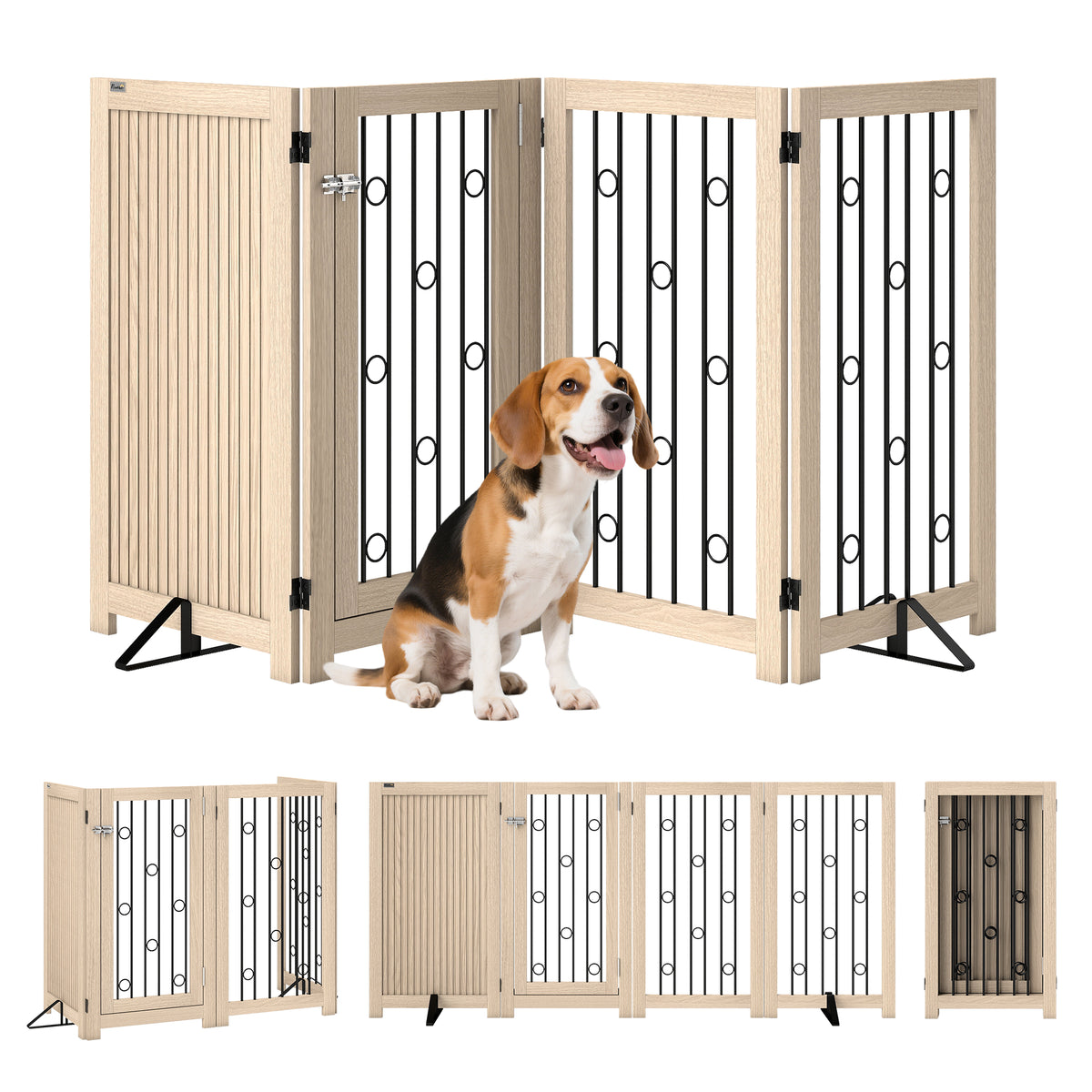 Freestanding Pet Gate, Foldable Dog Gate with Lockable Door, Metal Support Feet & 360° Flexible Hinges, 4 Panel Indoor Dog Barrier for House, Stairs, Doorway, 205 x 30.5 x 91.5 cm, Oak