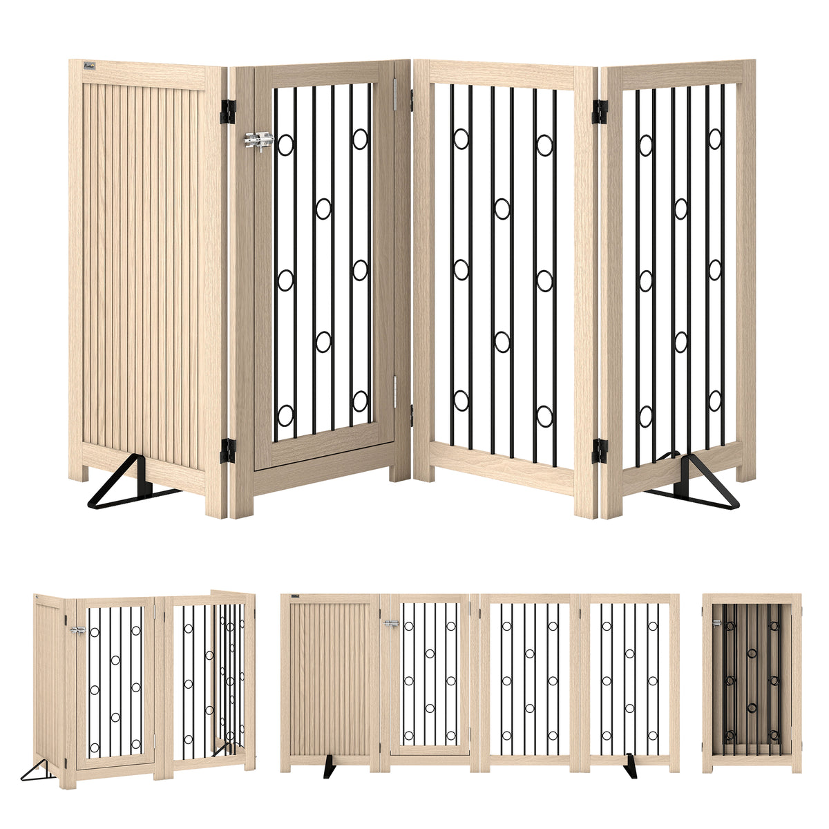 Freestanding Pet Gate, Foldable Dog Gate with Lockable Door, Metal Support Feet & 360° Flexible Hinges, 4 Panel Indoor Dog Barrier for House, Stairs, Doorway, 205 x 30.5 x 91.5 cm, Oak