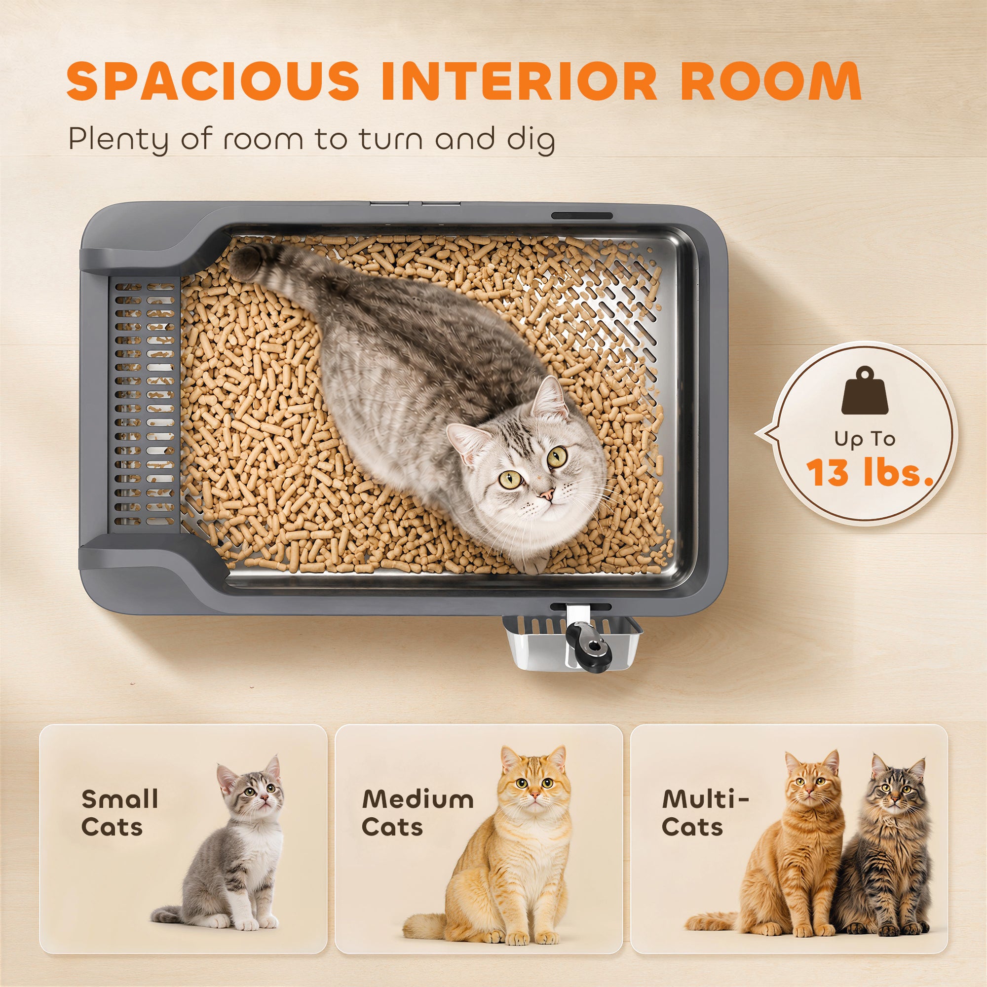 Stainless Steel Sifting Litter Box for Pine Pellets, Large Metal Litter Box with Sifter Tray, High-Sided, Anti-Leakage, Odor Control, Litter Pedal, Metal Scoop, 10 Pee Pads, 22.8"x14.6"x11.8"
