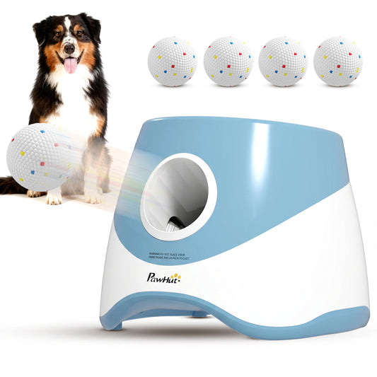 Automatic Dog Ball Launcher with 5 ETPU Balls, Dog Ball Thrower with 3 Distance Settings (6/10/14 m), Indoor Outdoor Interactive Toy for Small Medium Dogs, Blue