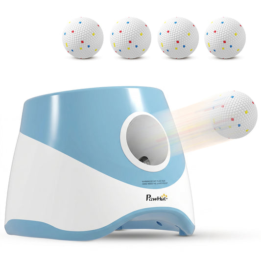 Automatic Dog Ball Launcher with 5 ETPU Balls, Dog Ball Thrower with 3 Distance Settings (6/10/14 m), Indoor Outdoor Interactive Toy for Small Medium Dogs, Blue