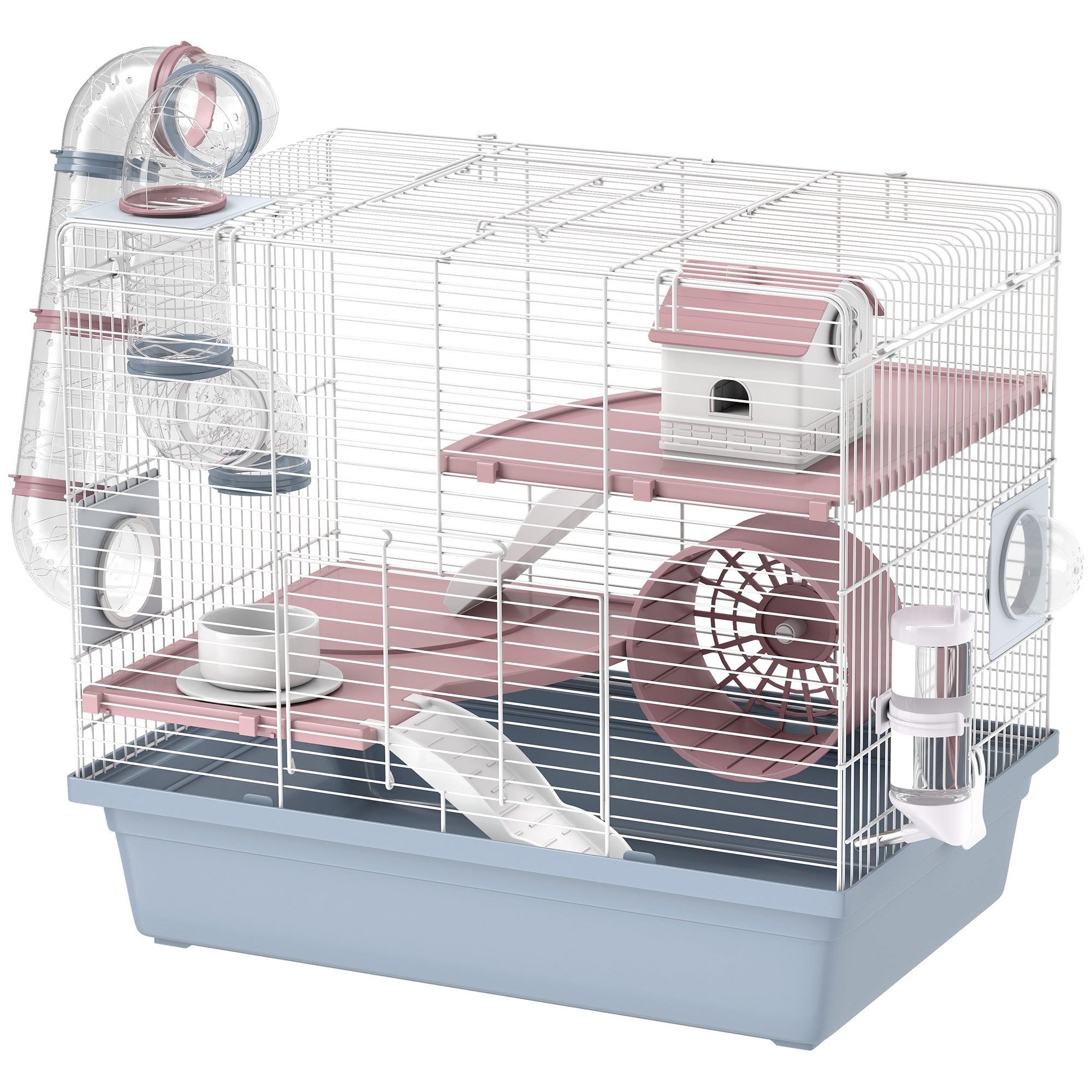 Hamster Cage, 3-Tier Gerbil Cage with Exercise Wheel, Food Bowl, Water Bottle, House, Tunnels, Ramps, Small Animal Habitat for Dwarf Hamster, Blue