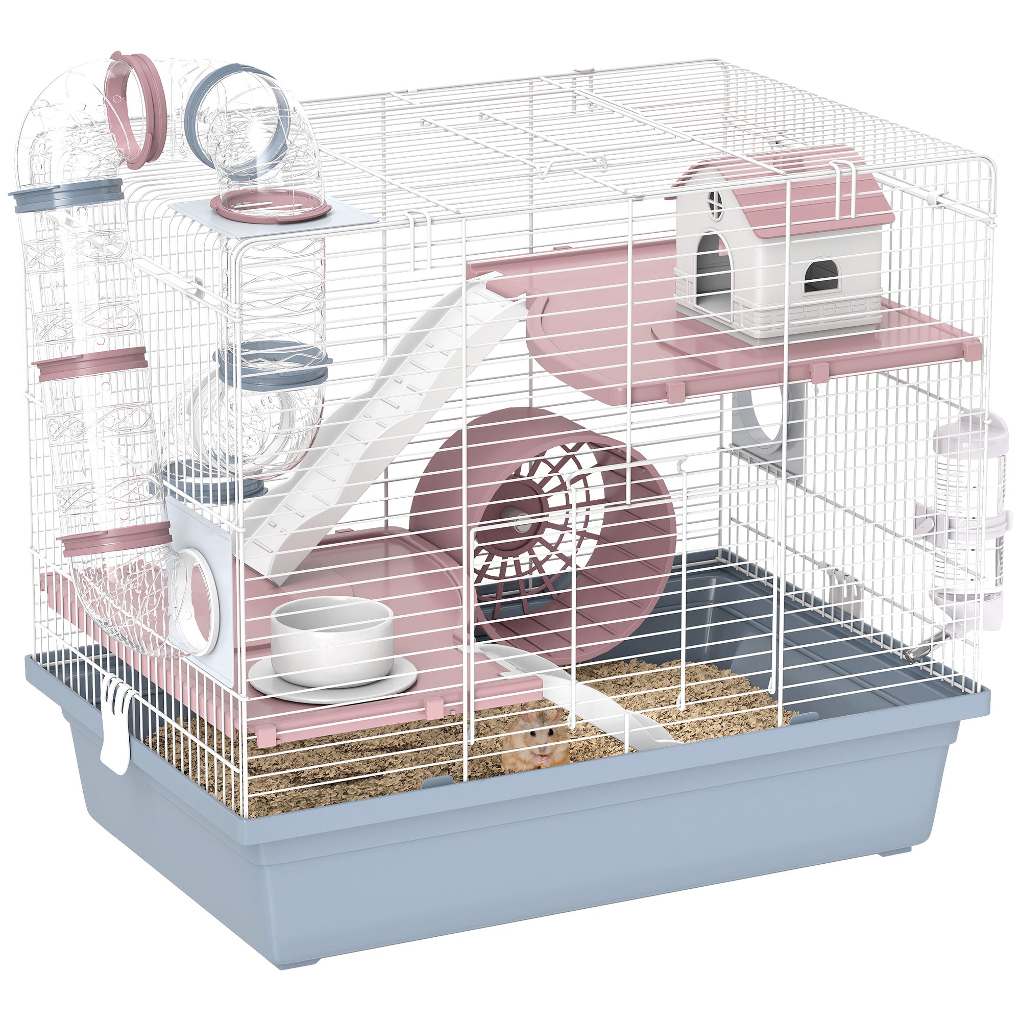 Hamster Cage, 3-Tier Gerbil Cage with Exercise Wheel, Food Bowl, Water Bottle, House, Tunnels, Ramps, Small Animal Habitat for Dwarf Hamster, Blue