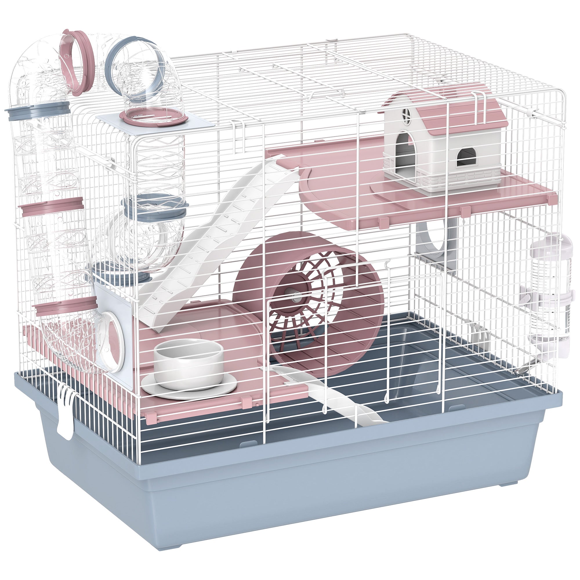 Hamster Cage, 3-Tier Gerbil Cage with Exercise Wheel, Food Bowl, Water Bottle, House, Tunnels, Ramps, Small Animal Habitat for Dwarf Hamster, Blue