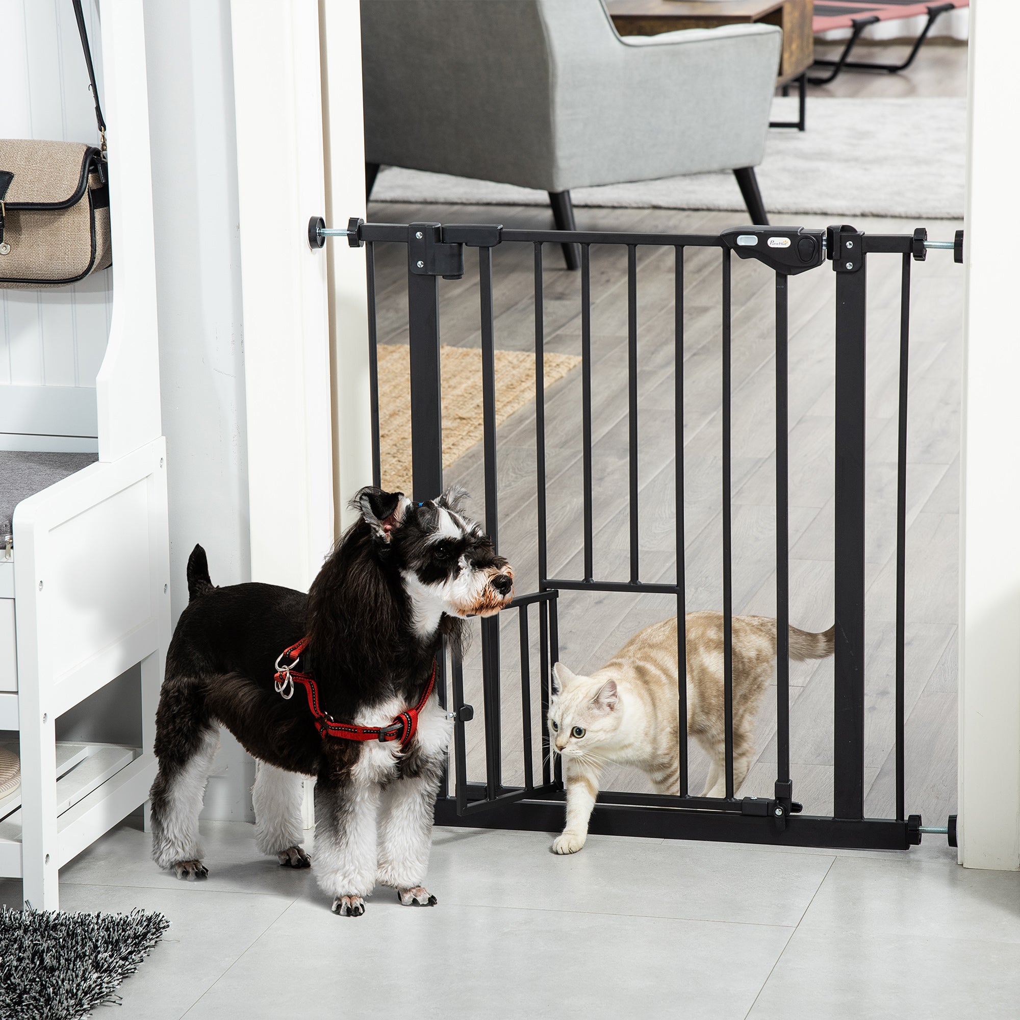 30"H Dog Gate with Cat Door, Pet Gate with Small Door, Easy Open Indoor Dog Gates for Doorways, House, Stair, 29"-32" Long, Black