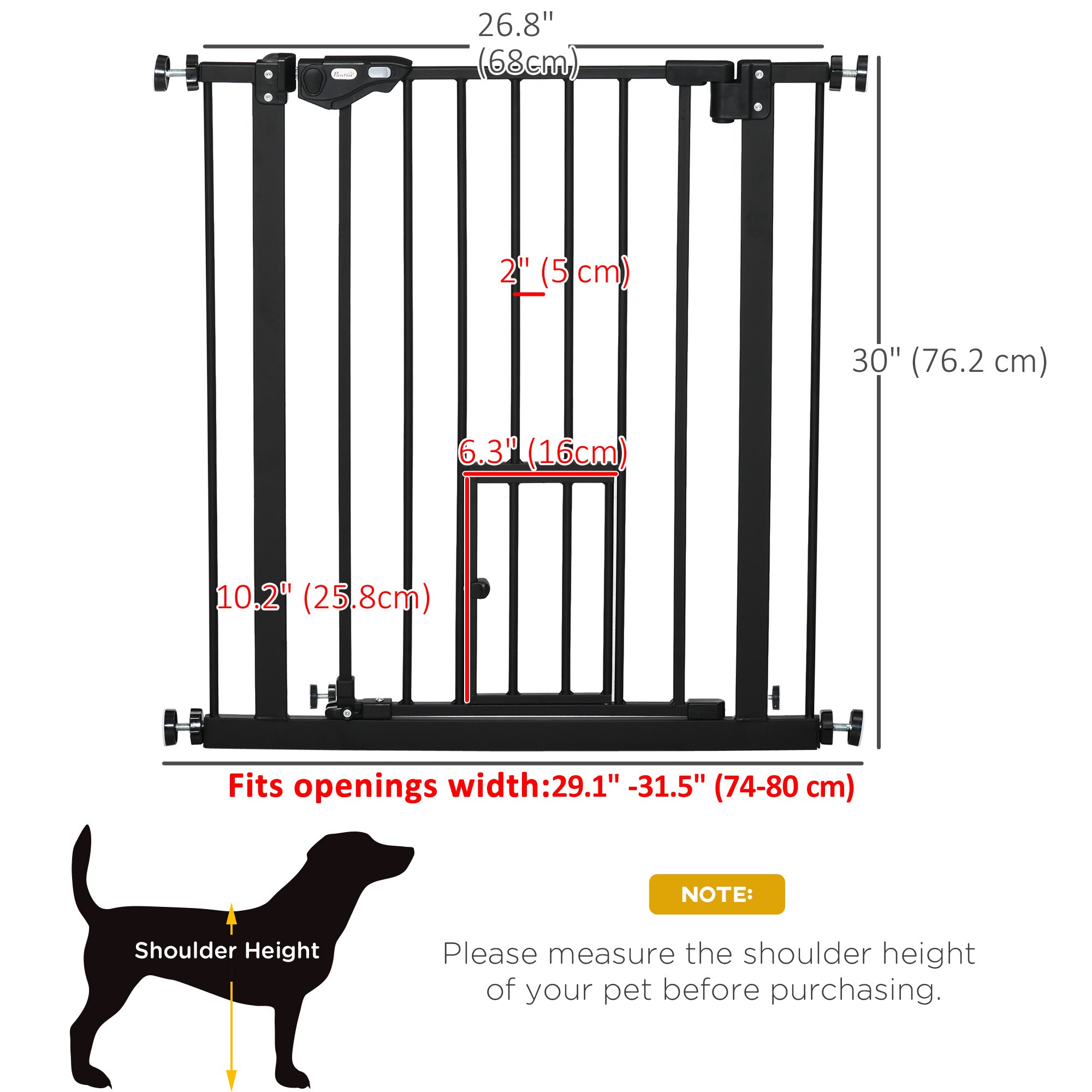 30"H Dog Gate with Cat Door, Pet Gate with Small Door, Easy Open Indoor Dog Gates for Doorways, House, Stair, 29"-32" Long, Black